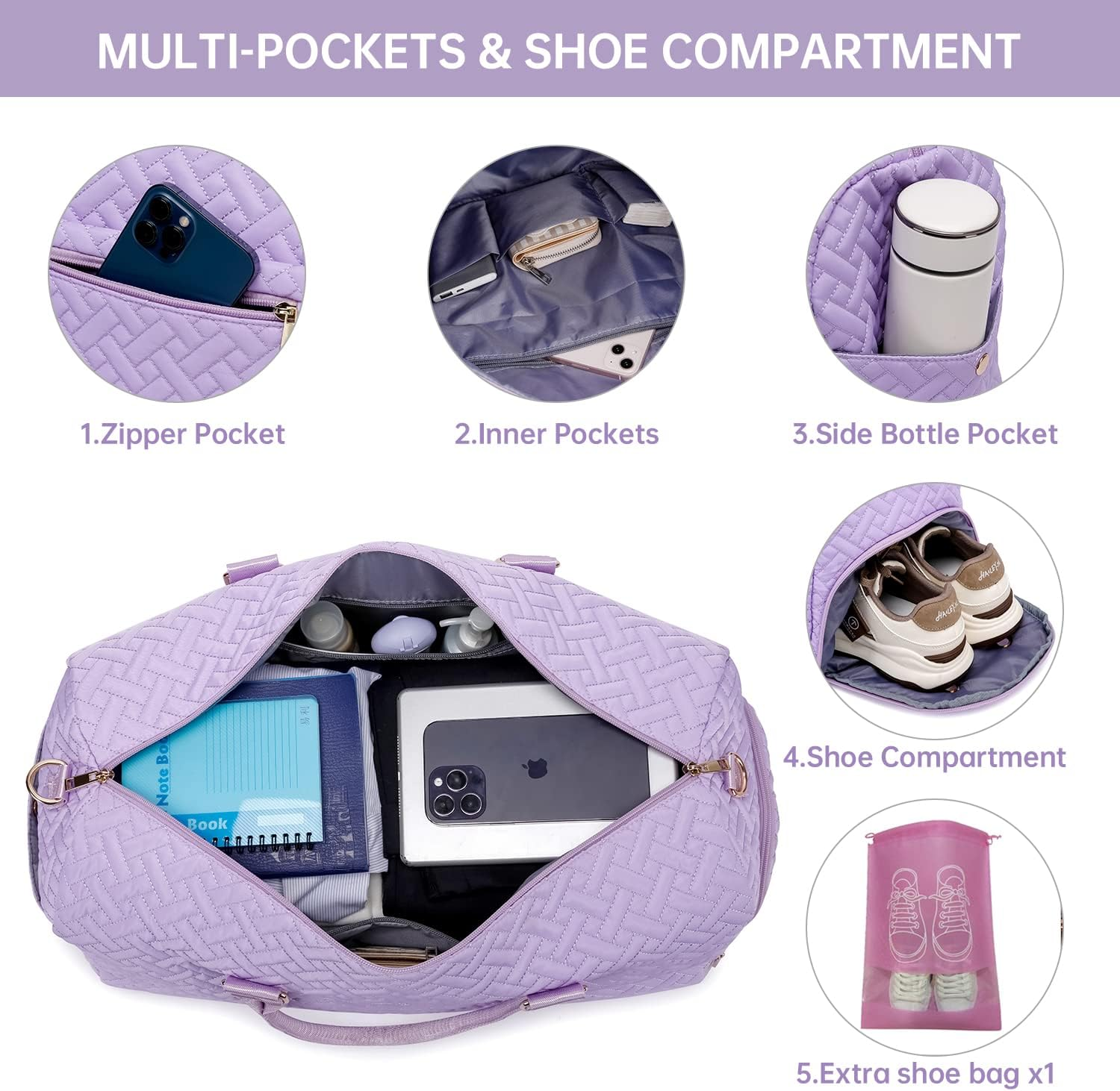 Duffle Bag for Travel, Weekender Bag with Shoe Compartment, Carry on Overnight Bag for Women with Toiletry Bag, 50L Gym Bag with Wet Pocket, Hospital Bags for Labor and Delivery, Lavender Purple,