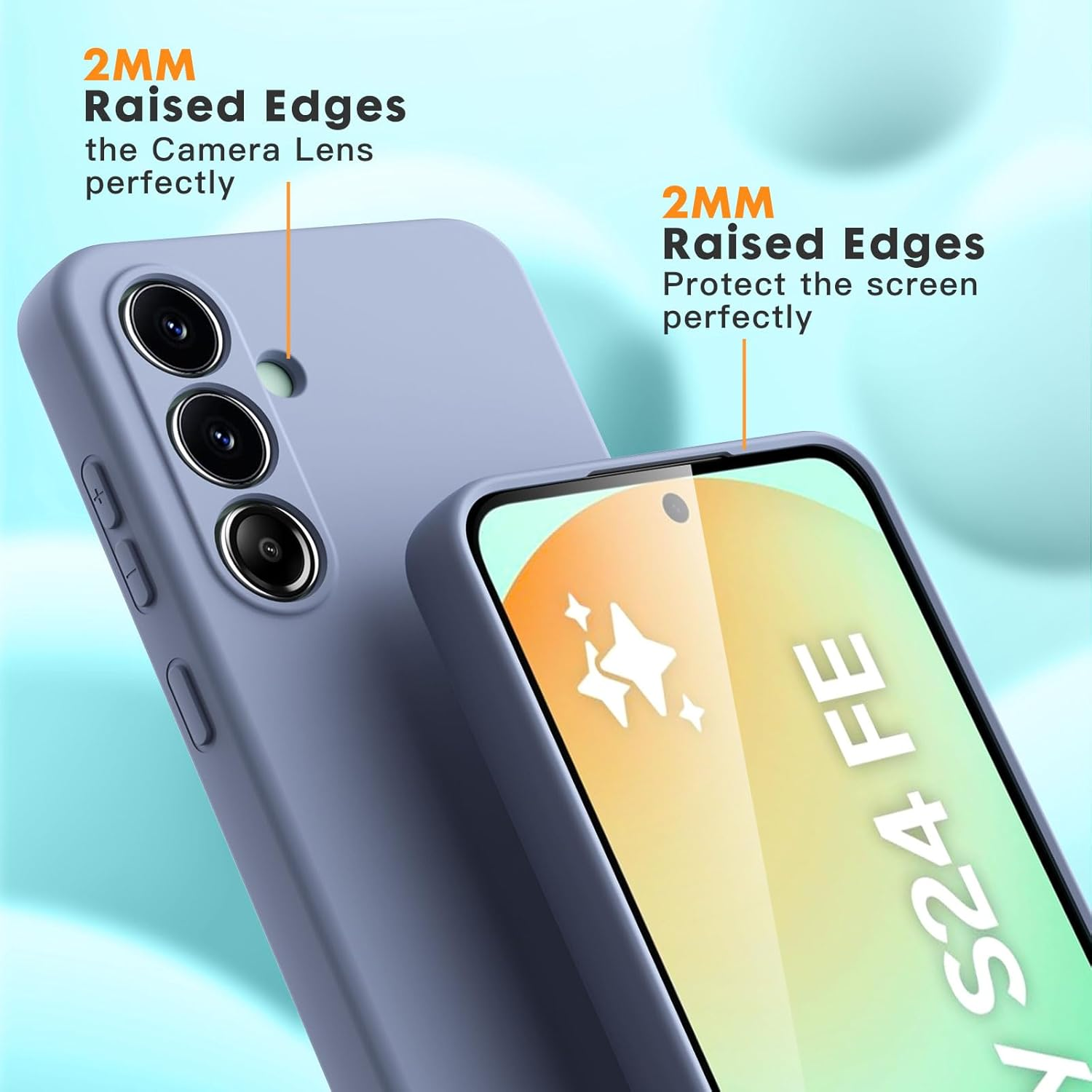 Vansdon for Samsung Galaxy S24 FE Case, 2 Pack Tempered Glass Screen Protectors, Soft TPU Liquid Silicone Case, Shockproof Rubber Silicone Gel Shell-Lavender