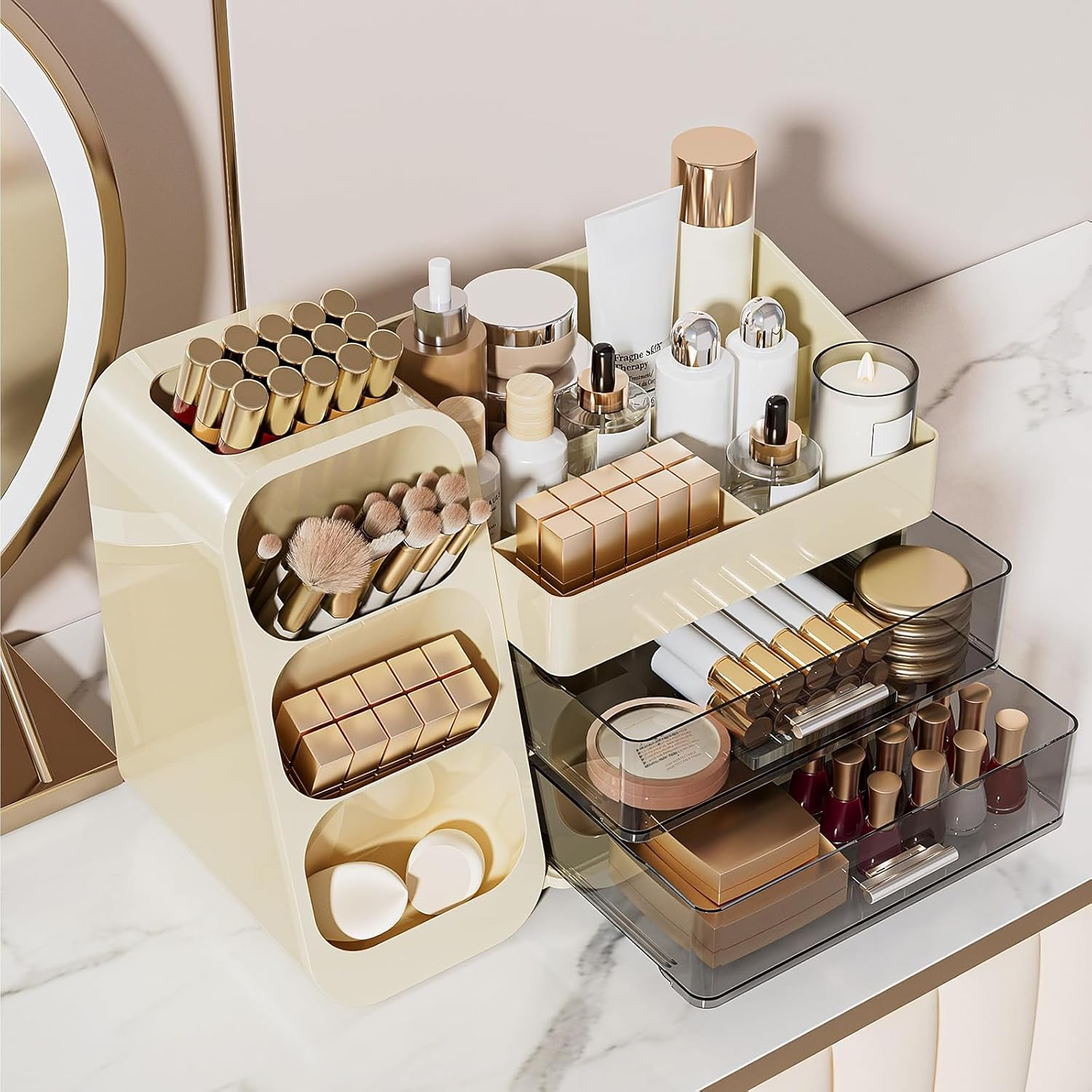 Multi-Tier Vanity Makeup Organizer with Drawers - Built-In Brush Holder for Bathroom, Spacious Cosmetic Storage Case Bathroom Skincare & Beauty Organizer for Essentials (Beige) image number 2