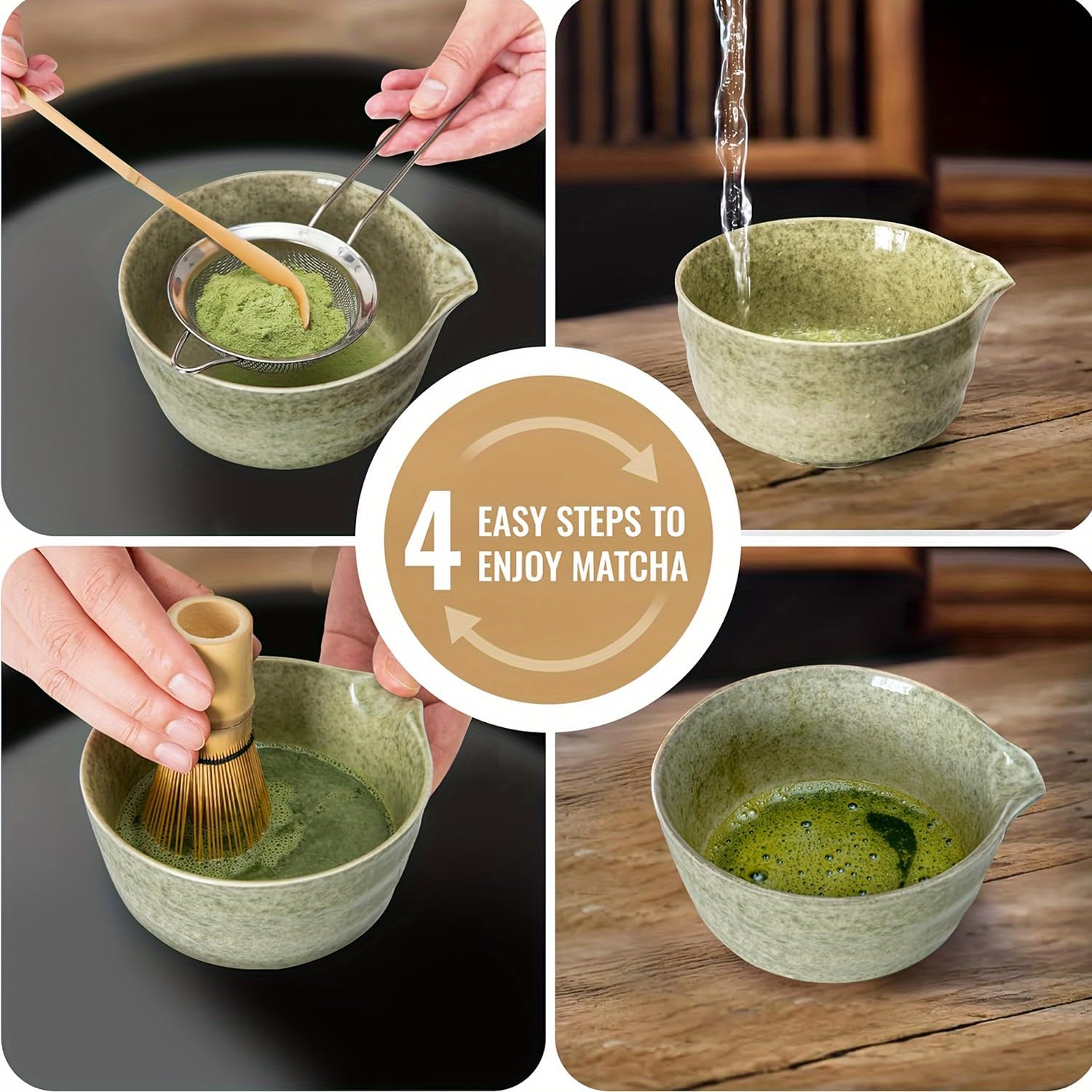 Matcha Set, Japanese Tea Set Includes Matcha Bowl with Spout, Matcha Whisk Holder, Bamboo Matcha Whisk and Sifter Scoop, 17 Oz Mottled Tea Green Glaze Ceramic Matcha Kit for Tea Lovers image number 4