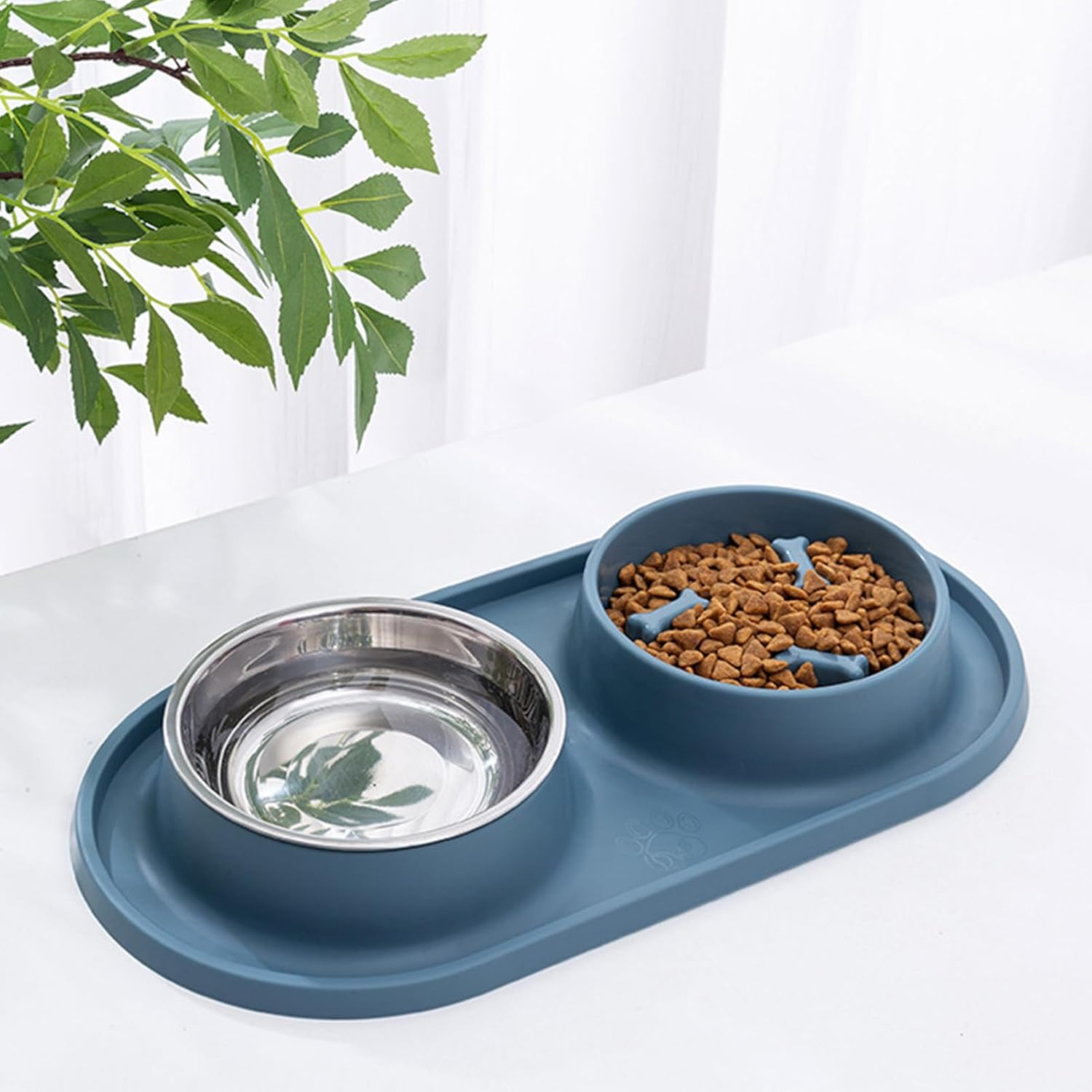 Double Pet Bowls, Dual Dog Feeder Bowls Silicone Stainless Steel Cat Food Water Bowls, Dog Bowls Set Cat Food Bowl Dog Water Bowl Pet Feeder Dish Slow Feeder for Small Large Pets(Blue) - Orange image number 6