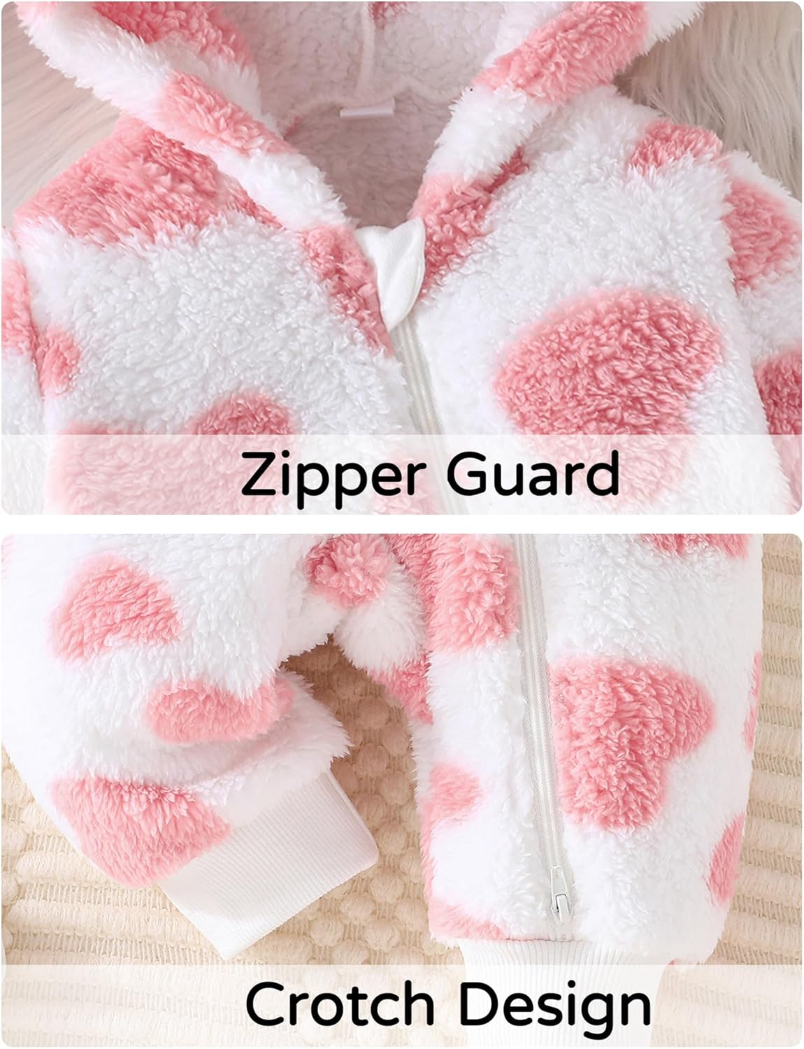 SEAUR Newborn Baby Girl Snowsuit Winter Hooded Fleece Jumpsuit Infant Bear Ear Snow Suit Zip up Romper Warm Outwear Outfits image number 2