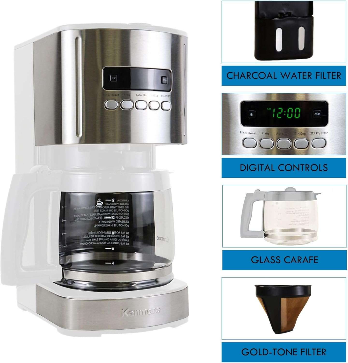 Kenmore Aroma Control 12-Cup Programmable Coffee Maker, Stainless Steel Drip Coffee Machine, Glass Carafe, Reusable Filter, Timer, Digital Display, Charcoal Water Filter, Regular or Bold