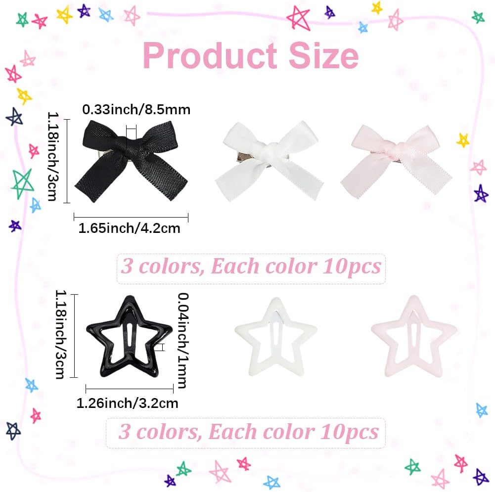 SOFPLATE Pack of 60 3 Colours Colourful Hair Clips with Bow Mini Hair Clips Small Polyester Bow Iron Enamel Stars Coquette Black White Alligator Accessories for Short and Long Hairstyle