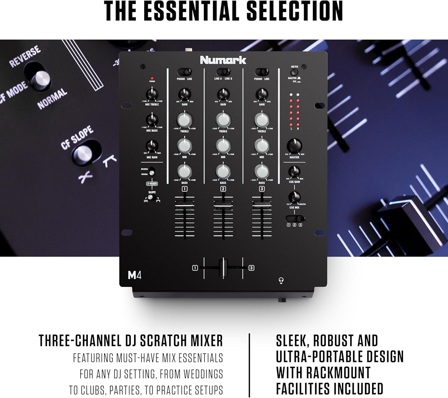 Numark M4 - 3-Channel Scratch DJ Mixer, Rack Mountable with 3-Band EQ, Microphone Input and Replaceable Crossfader with Reverse and Slope Controls - Silverblack image number 2