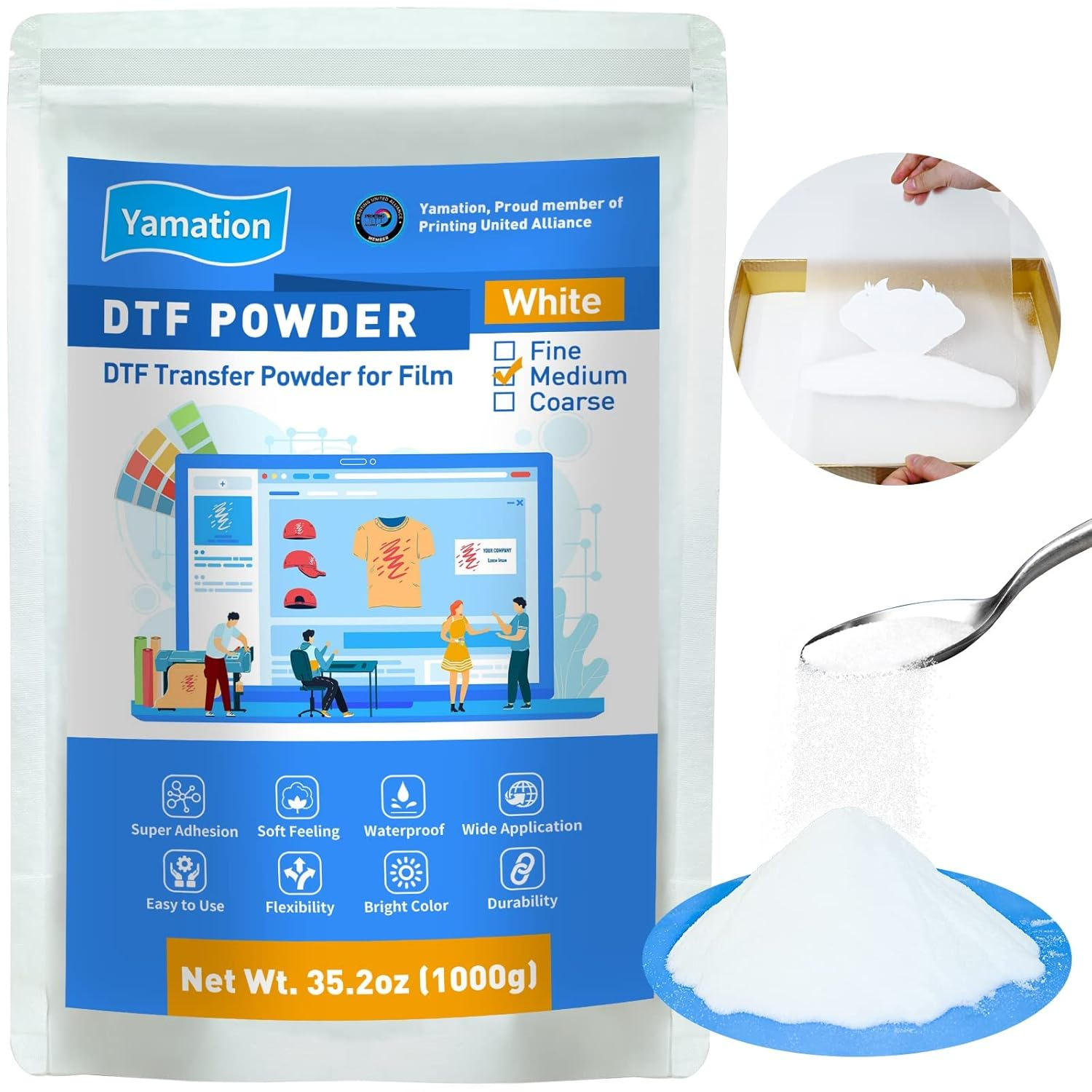 Yamation DTF Powder Adhesive White 35.2OZ/ 2.2Lb DTF Transfer Powder Hot Melt Adhesive Applies to All DTF Transfer Printers for Digital Prints on T-Shirts Textile DTF Supply with DTF PET Film and Ink image number 2