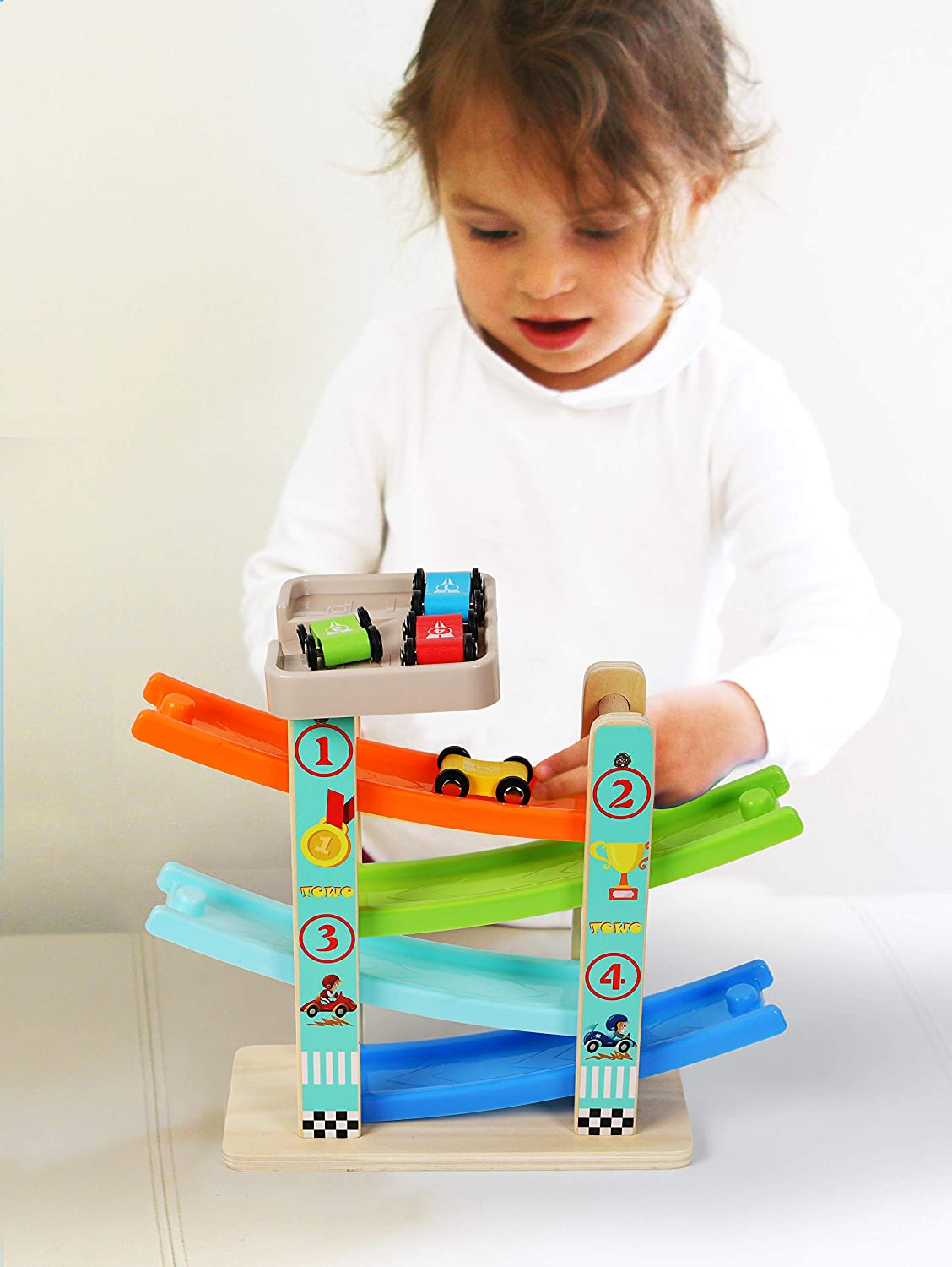 TOWO Wooden Car Ramp Toy- Zig Zag Car Slide with 4 Wooden Cars & Roof Top Car Park Playsets-Click Clack Track Wooden Car Toys for Toddlers -Racing Car Toys for Kids Boys Girls 1 2 3 4 image number 6