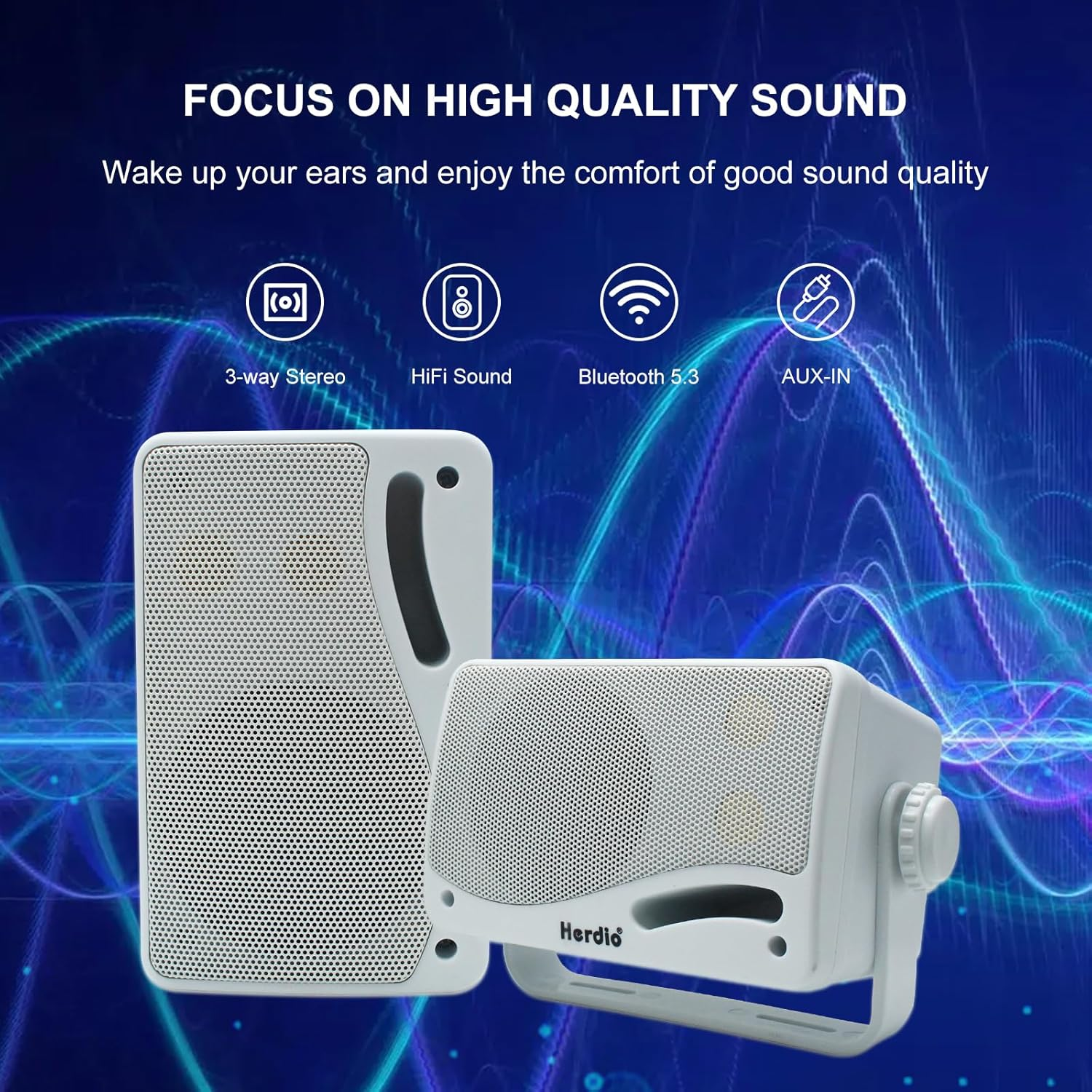 Herdio 3.5" Outdoor Bluetooth Speakers Waterproof, 200W 3 Way Upgrade Premium Wall Mount Speakers, Durable Mountable Loud Sound System for Patio Indoor Deck Garage (White Pair) image number 3