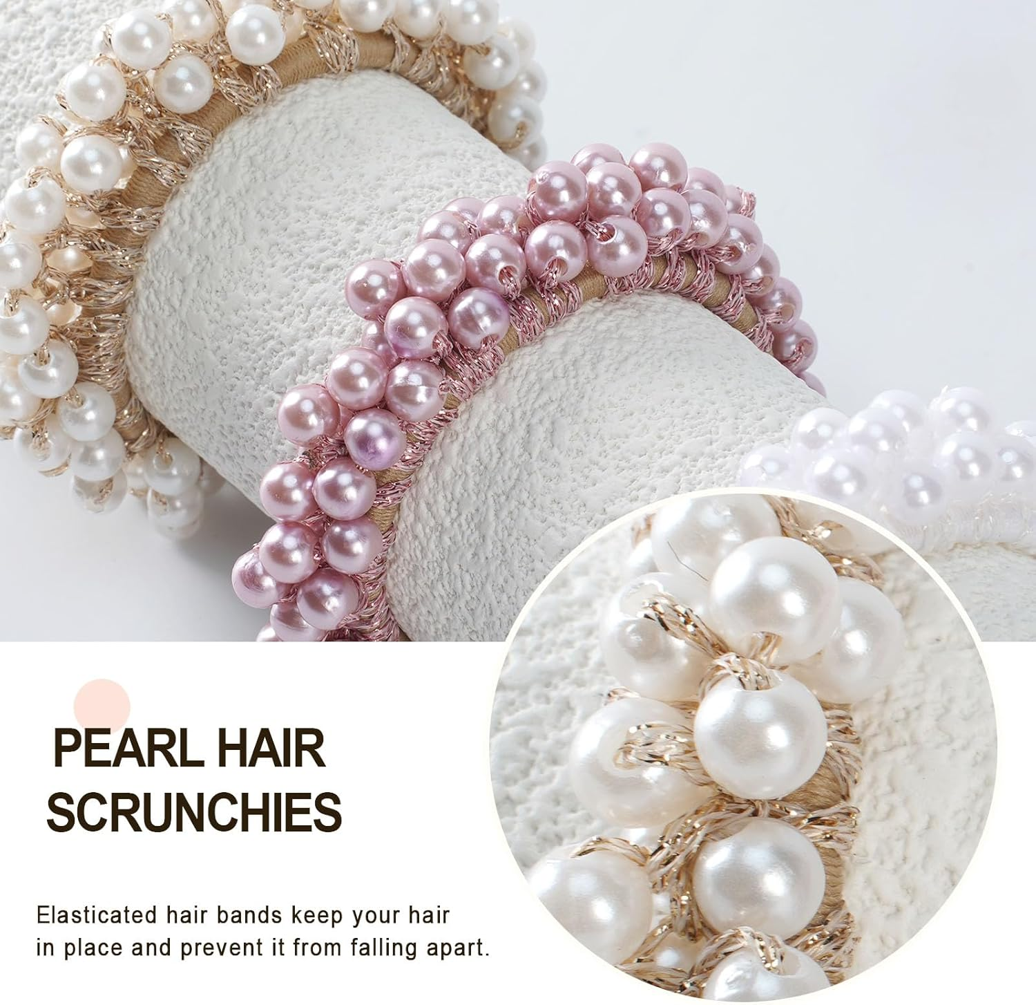 OT-NVWOZR Pack of 6 Women'S Hair Bobbles, Pearl Hair Accessories, Crystal Scrunchies, Elastic Ponytail Holder, Strong Hair Bands, Stretchy Headbands, Birthday for Women and Girls image number 4