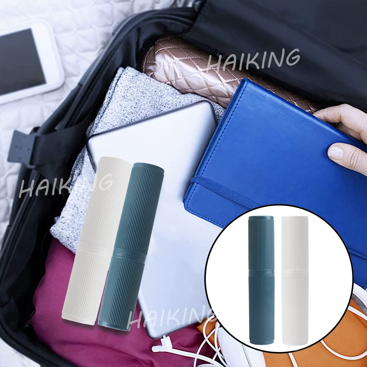 HAIKING Travel Toothbrush Case, 2 Pcs Plastic Portable Toothbrush Holder for Travel, Storage, Camping(White, Blue) image number 1