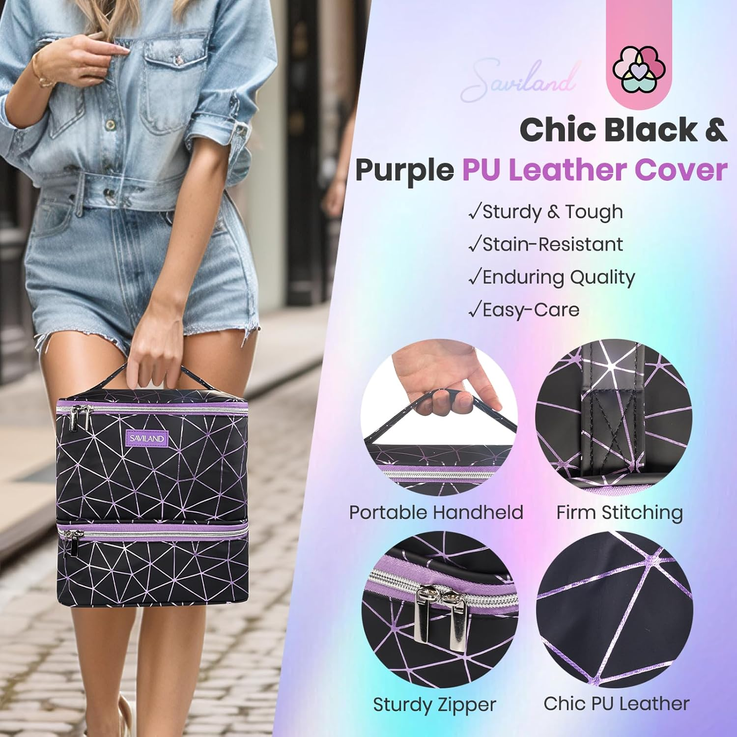 SAVILAND Nail Polish Organizer: All-In-One Nail Organizers and Storage Holds 30 Bottles Nail Polish Organizer Case Travel PU Leather Double-Layer Nail Supplies Organizer for Nail Tech Manicure Tools image number 3