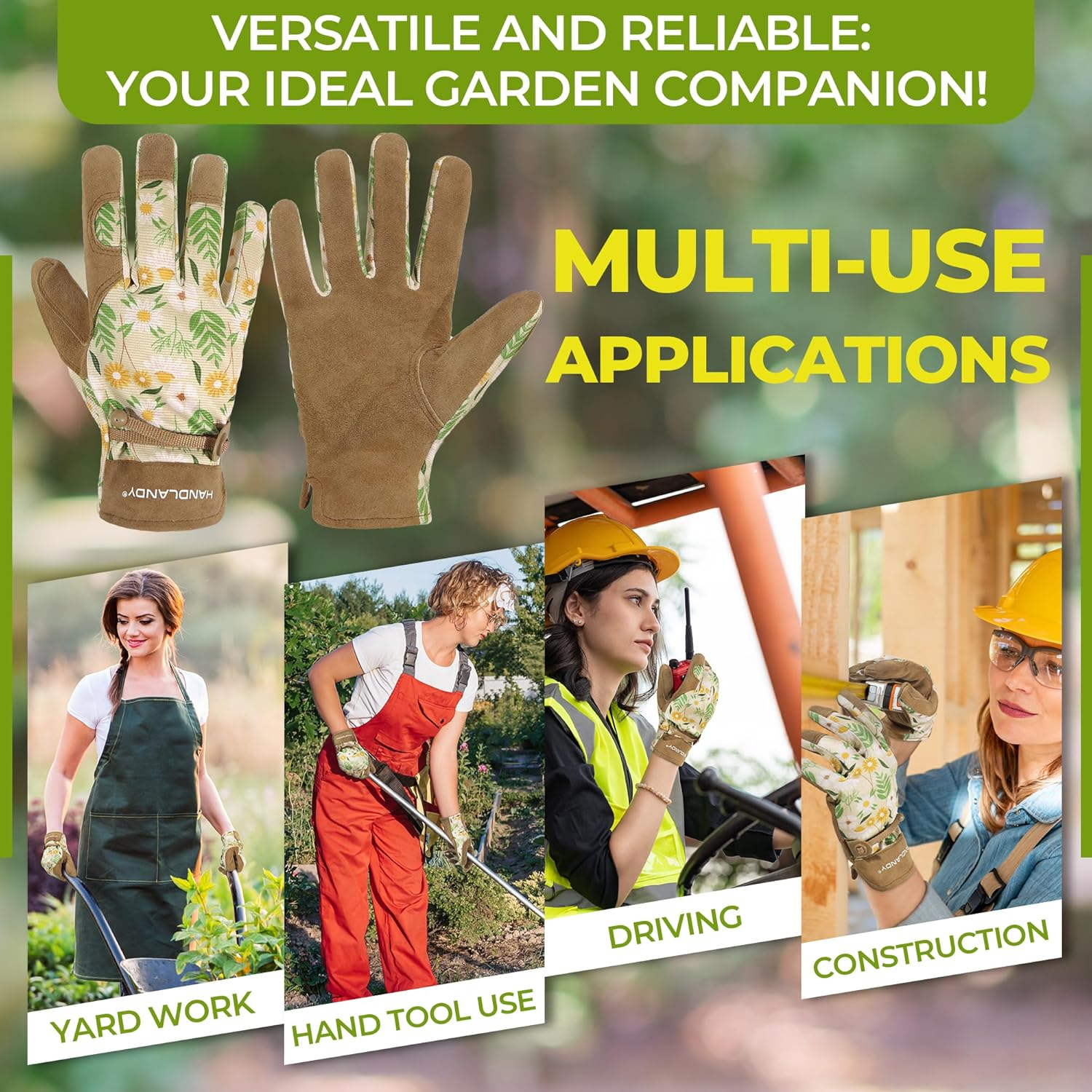 HANDLANDY Gardening Gloves for Women, Breathable Ladies Leather Garden Yard Gloves for Female Gardeners (Khaki-Printing, Small (Pack of 1))