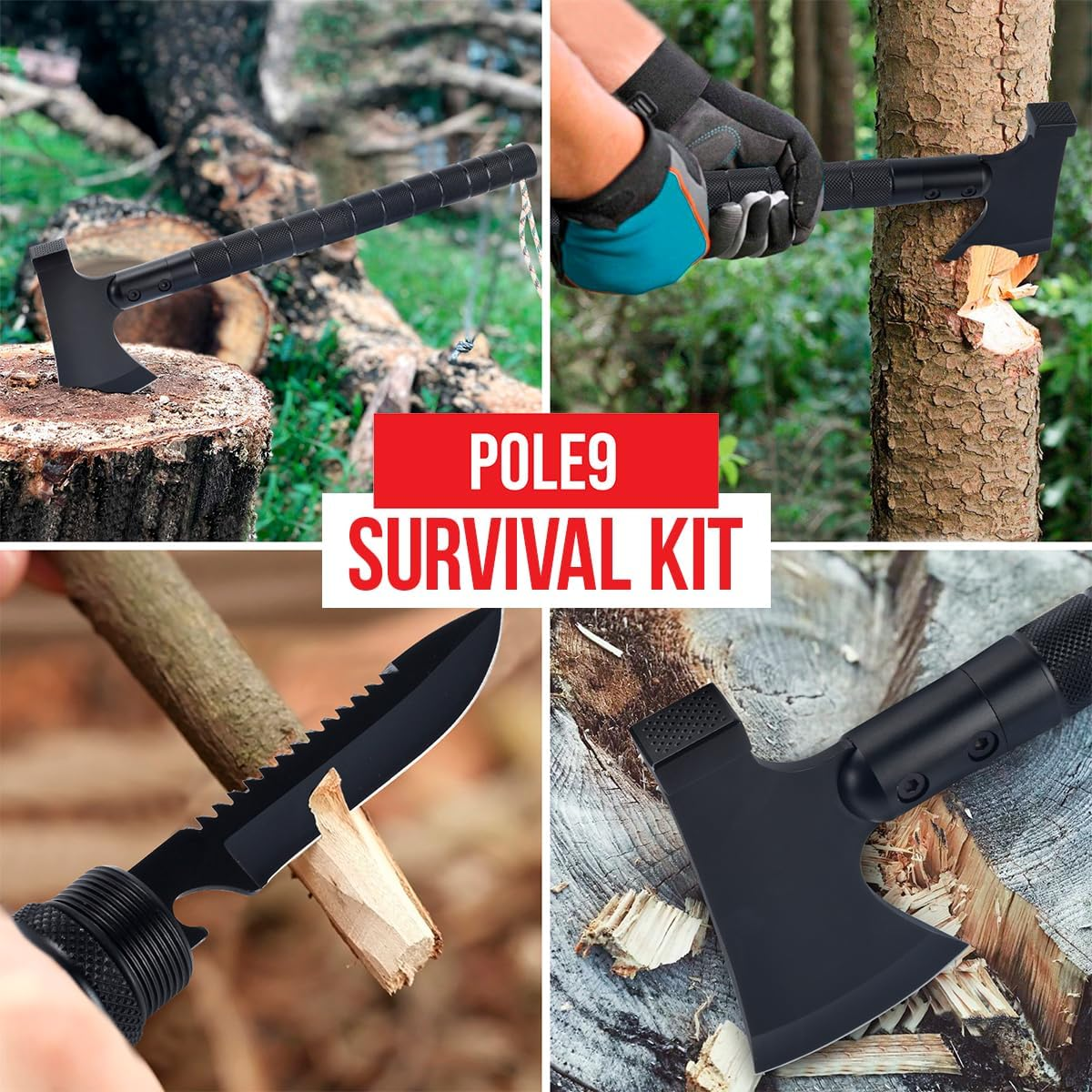 POLE9 Survival Axe 11-In-1 Multitool Axe - Outdoor Axe with 11 Functions of Camping Axe, Flint, Knife, Whetstone, Saw, Hammer and Many More - Optimal Survival Tool image number 6