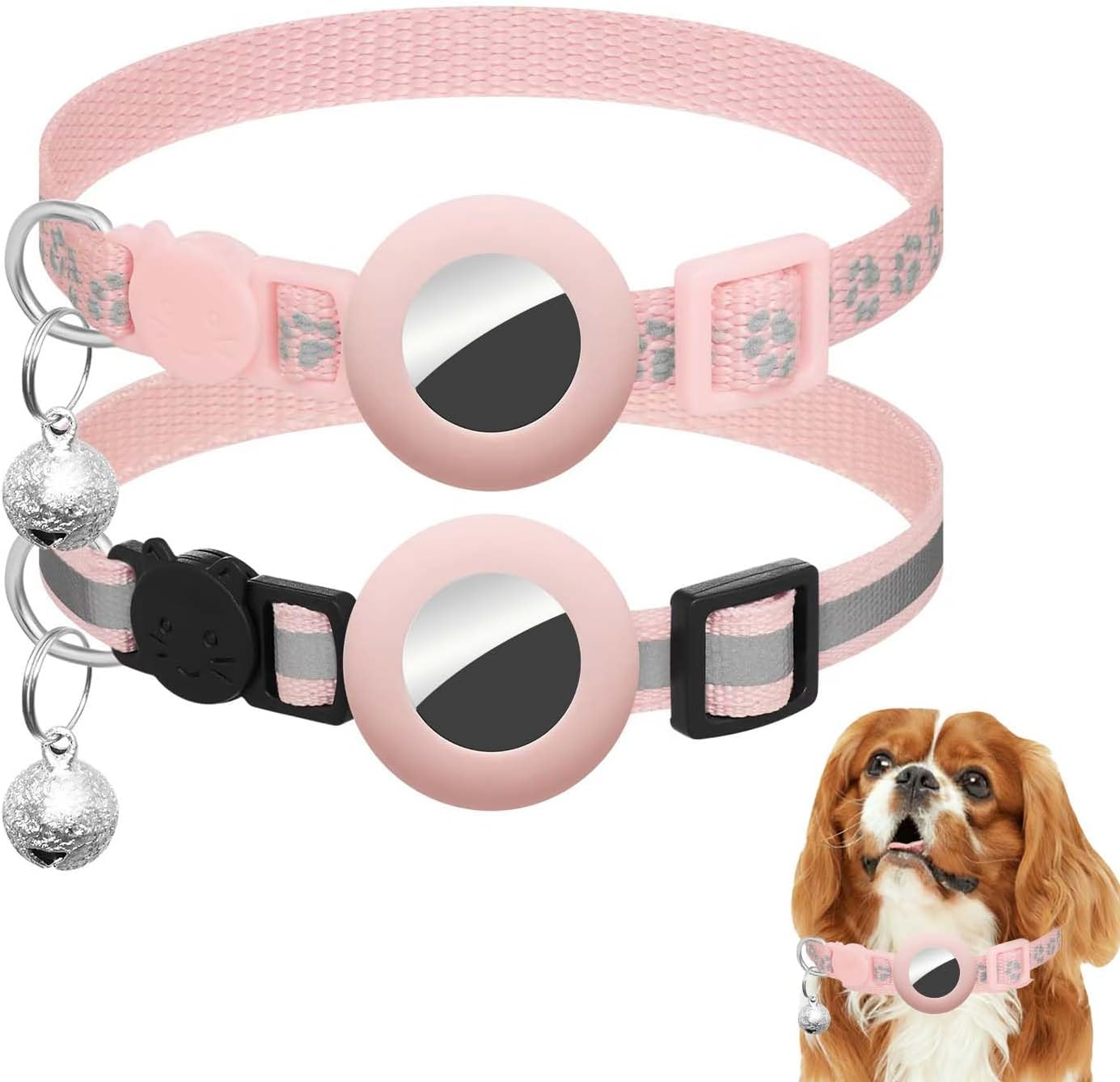 Kexkceql 2-Pack Adjustable Cat Collar for Apple Airtag，2 Styles (Footprint & Reflective)，Pet Anti-Lost GPS Collars with Safety Buckle，Pink, M (7.5-12.6 Inches)