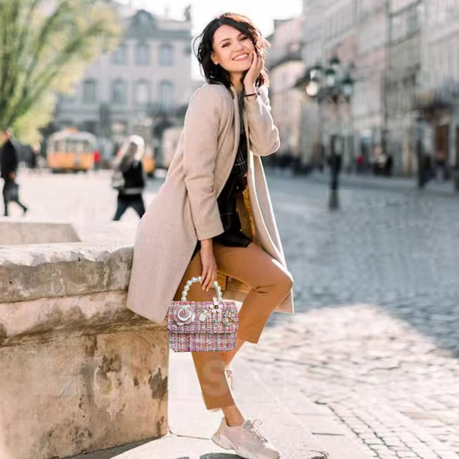 Girls Princess Purses Cute Crown Crossbody Bag Handbag with Pearl Handle for Girls - Flowertype-Beige image number 5