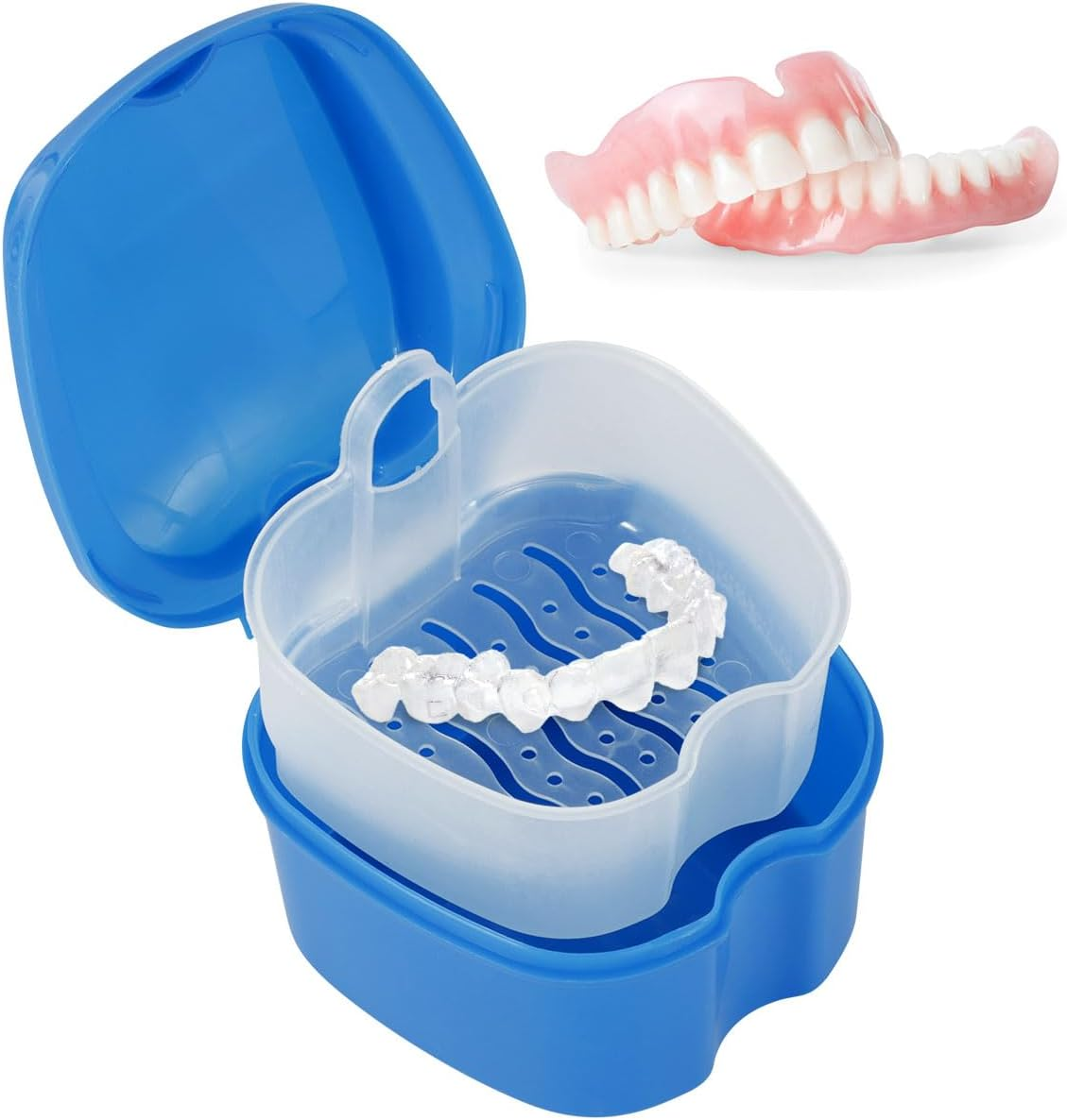 Abizarch Denture Case Denture Bath Box False Teeth Storage Box with Rinsing Basket Portable False Teeth Storage Case Orthodontic Dental Retainer Box for False Teeth Storage Soaking Cleaning(Navy Blue) - Wathet image number 6