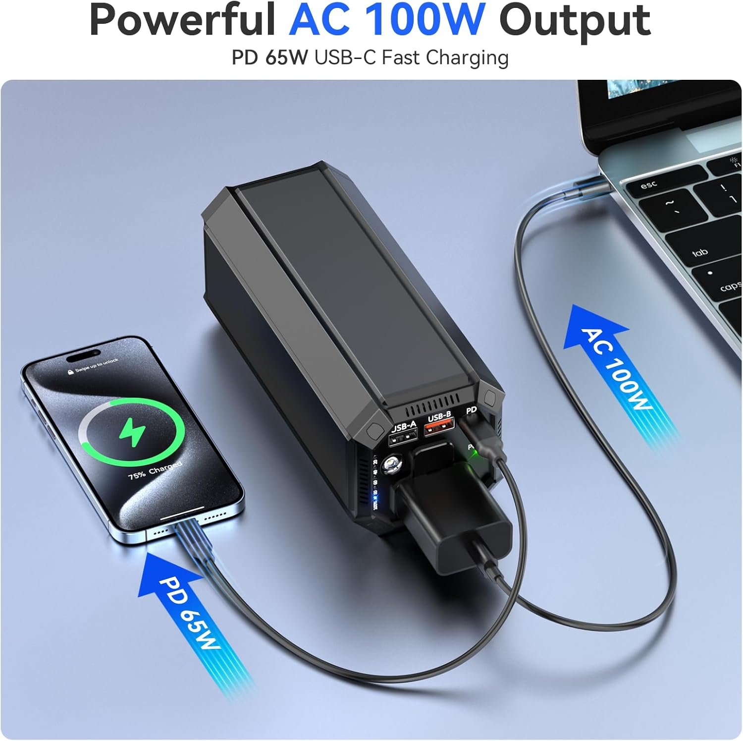 Portable Power Bank with AC Outlet, 100W Portable Laptop Charger, 98Wh/27000Mah High Capacity with 65W PD USB C Laptop Battery Bank, Backup Power Source for Business Travel and Outdoor Activities image number 1