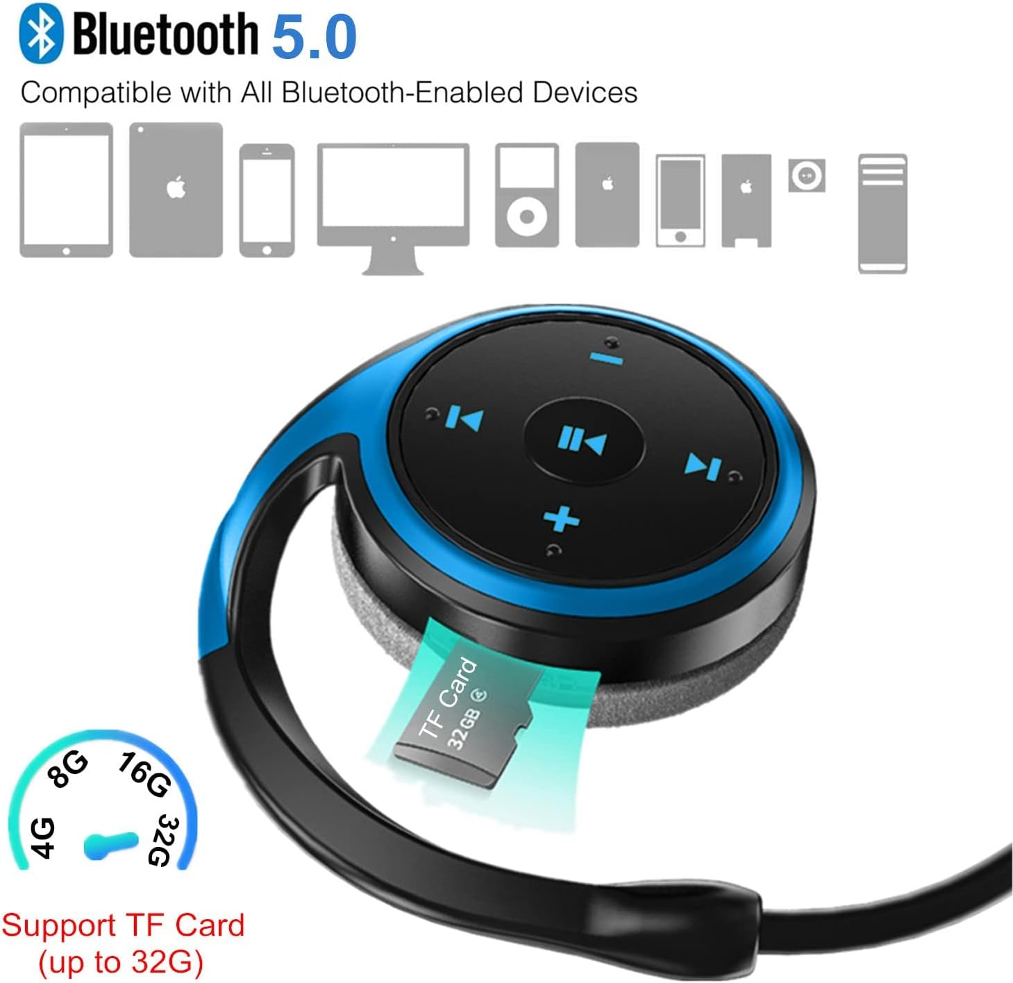 XUJAIOLQP Wireless Bluetooth 5.0 Headset, Ear Hook Stereo Earphones with Microphone, Support TF Card and FM Radio Waterproof Sweatproof for Sports Running Gym image number 3