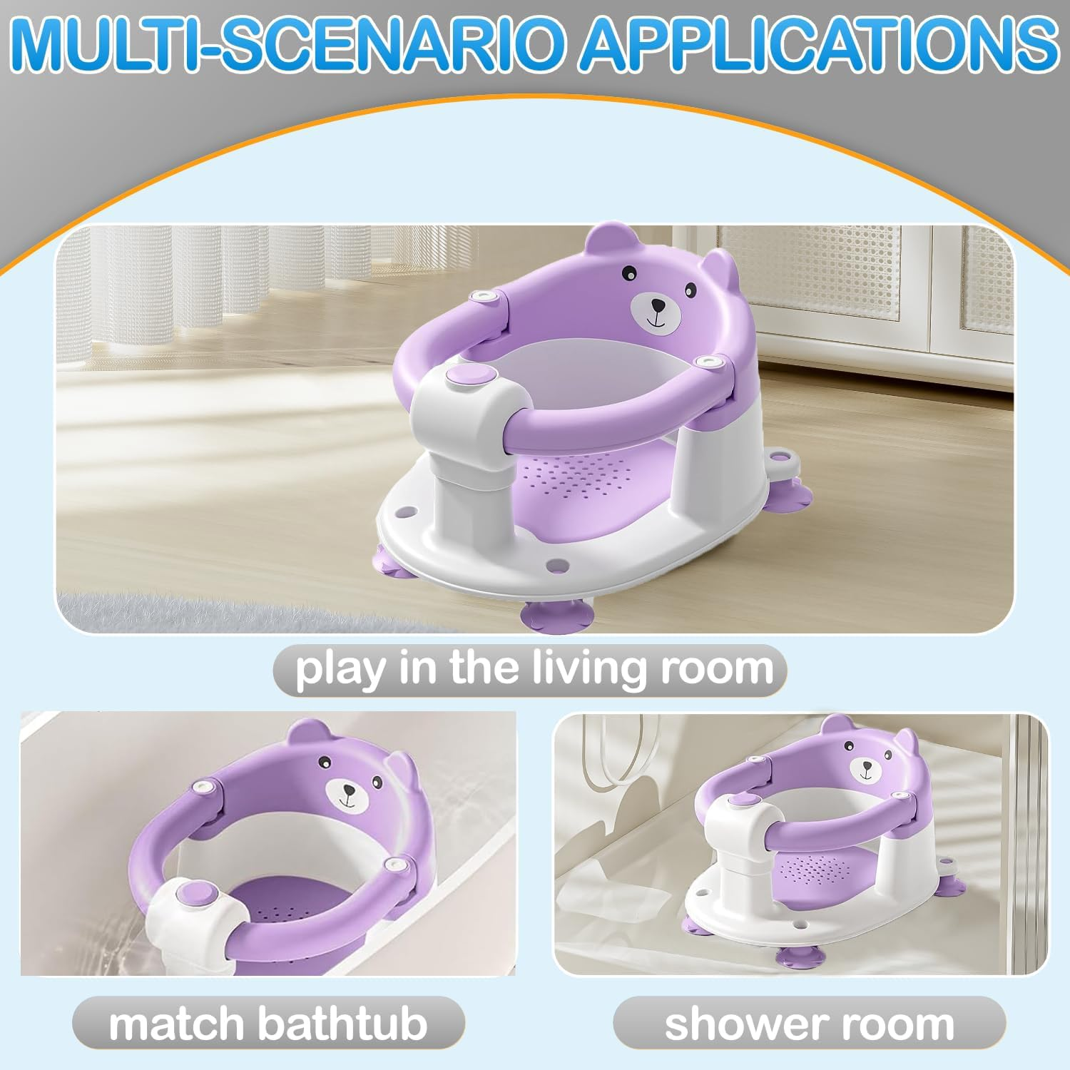 Baby Bath Seat for Babies 6 Months & Up, Toddler Bath Seats for Babies Sitting Up, Non-Slip Infant Bath Tub Chair with 4 Suction Cups & Soft Cushion for Shower, Compact Toddler Bathtub Seat Purple image number 1