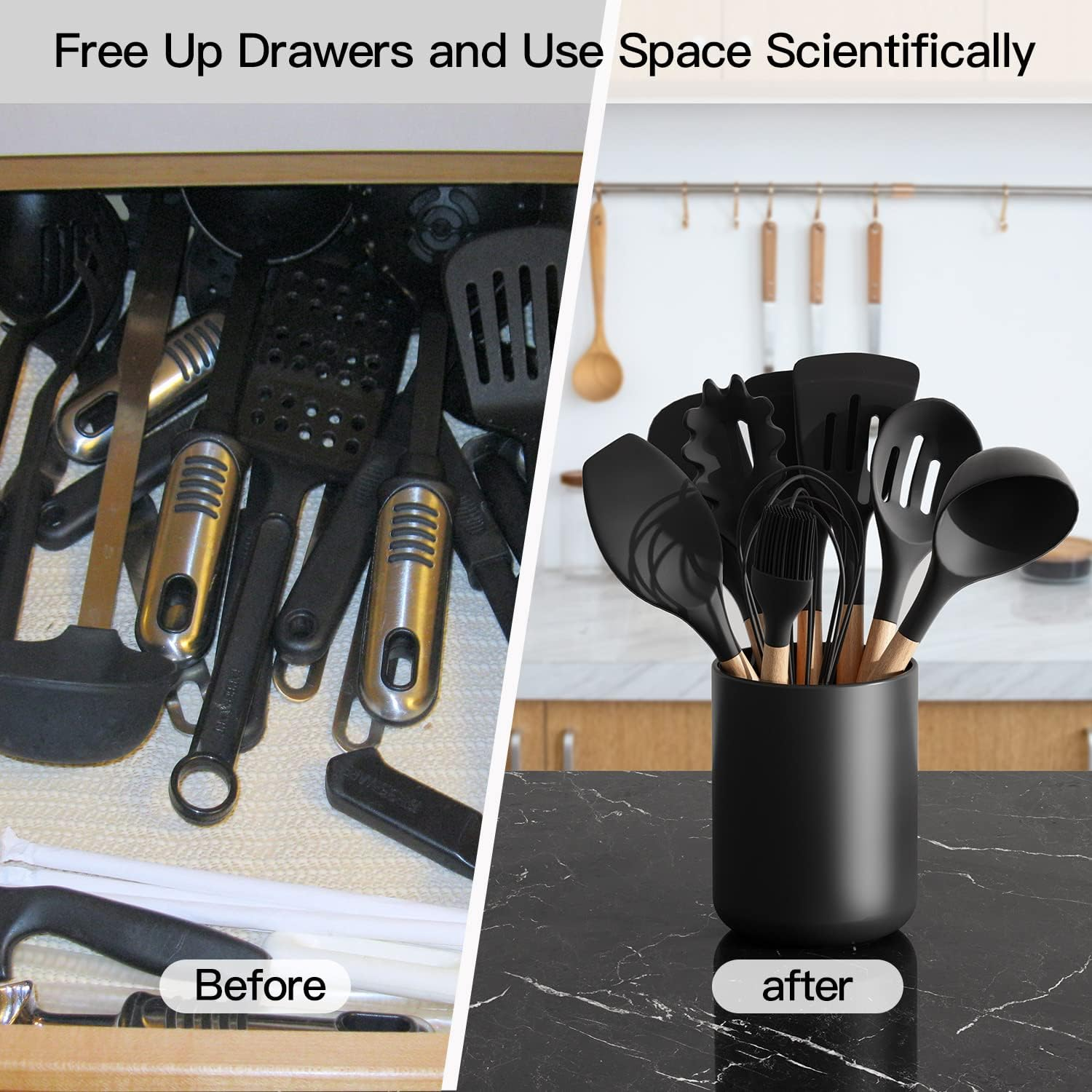 LATCHHOOK Black Kitchen Utensil Holder for Countertop, Matte Ceramic Cooking Utensils Holder for Kitchen Counter Easy to Clean, High 7&rdquo; Modern Spatula Holder Crock for Kitchen 7&times;5.5 Inch, UT-01