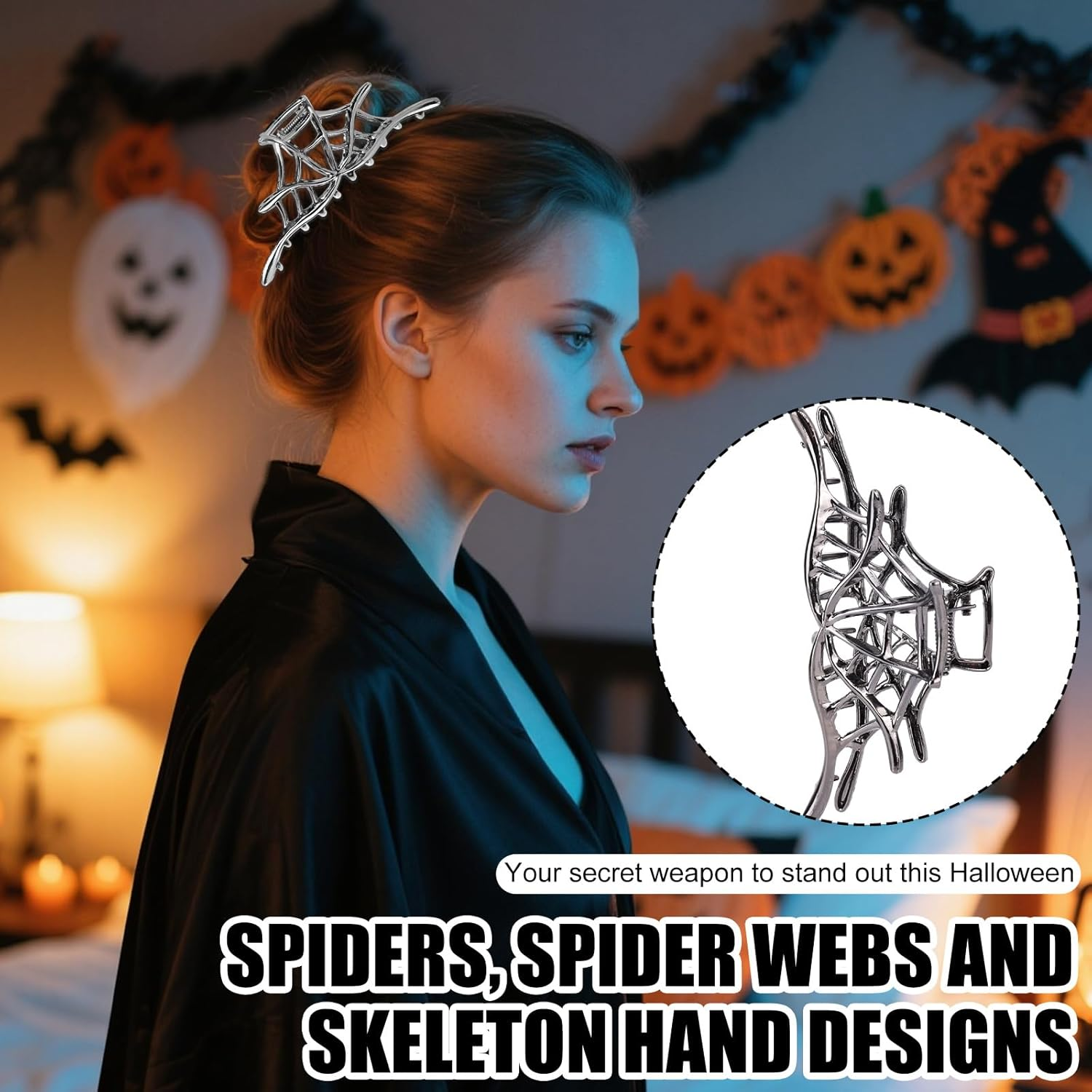 Fukaisu 3 Pcs Halloween Hair Claw Clips for Women & Girls, Gothic Metal Hair Accessories with Hollow Design Spider Web Bat Spider Claw Clips for Halloween Party Cosplay image number 4