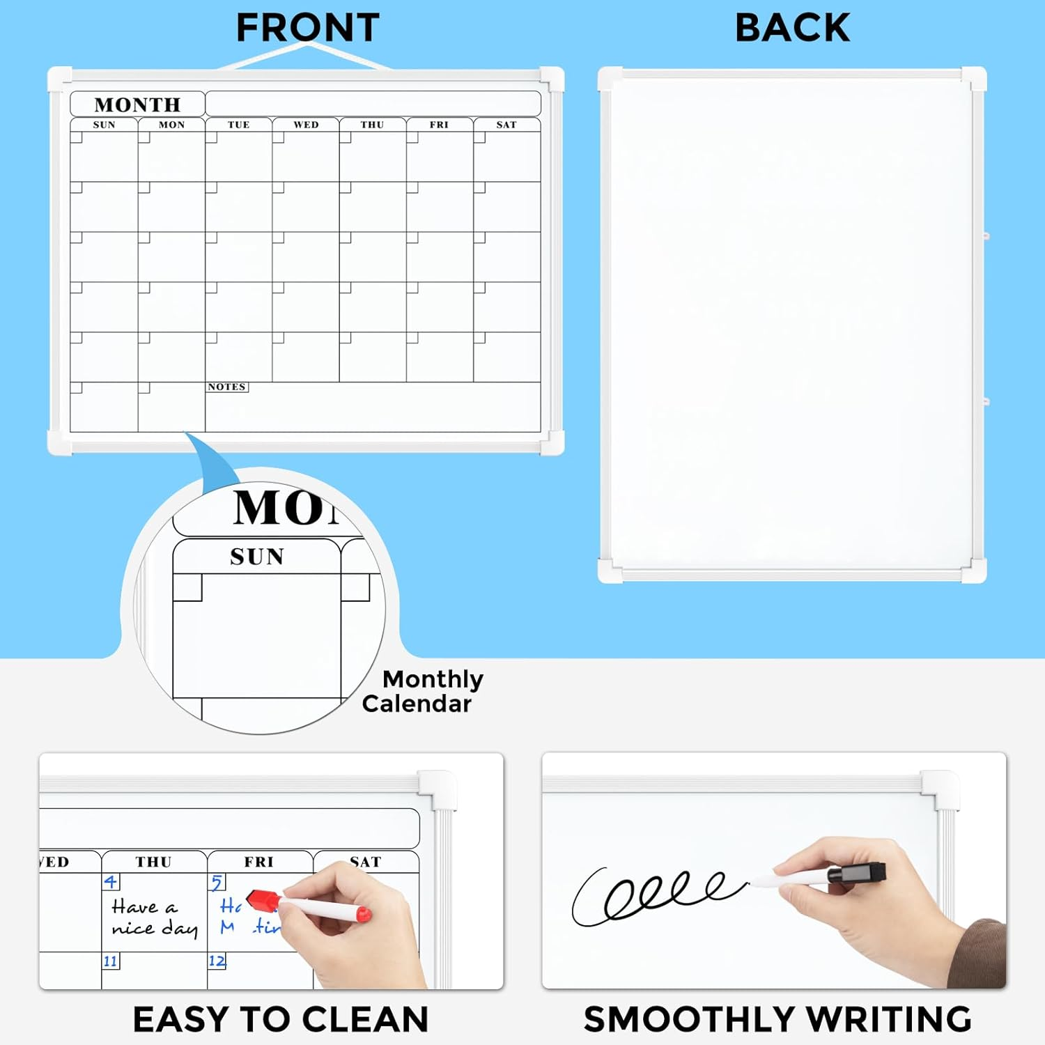 Maxgear Monthly Calendar Dry Erase Whiteboard for Wall, 16"X12" Small Hanging Double-Sided White Board, Portable Board for Planning, Drawing, Memo, to Do List, Home, Kitchen, Office image number 2