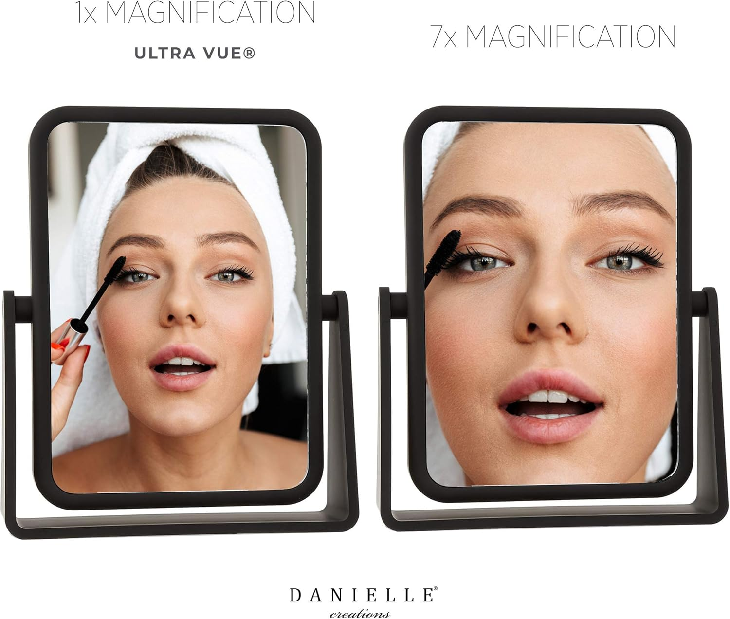 Danielle Magnifying Vanity Makeup Mirror Rectangular Soft Touch Finish with 7X Magnification and 360 Swivel, Black image number 3