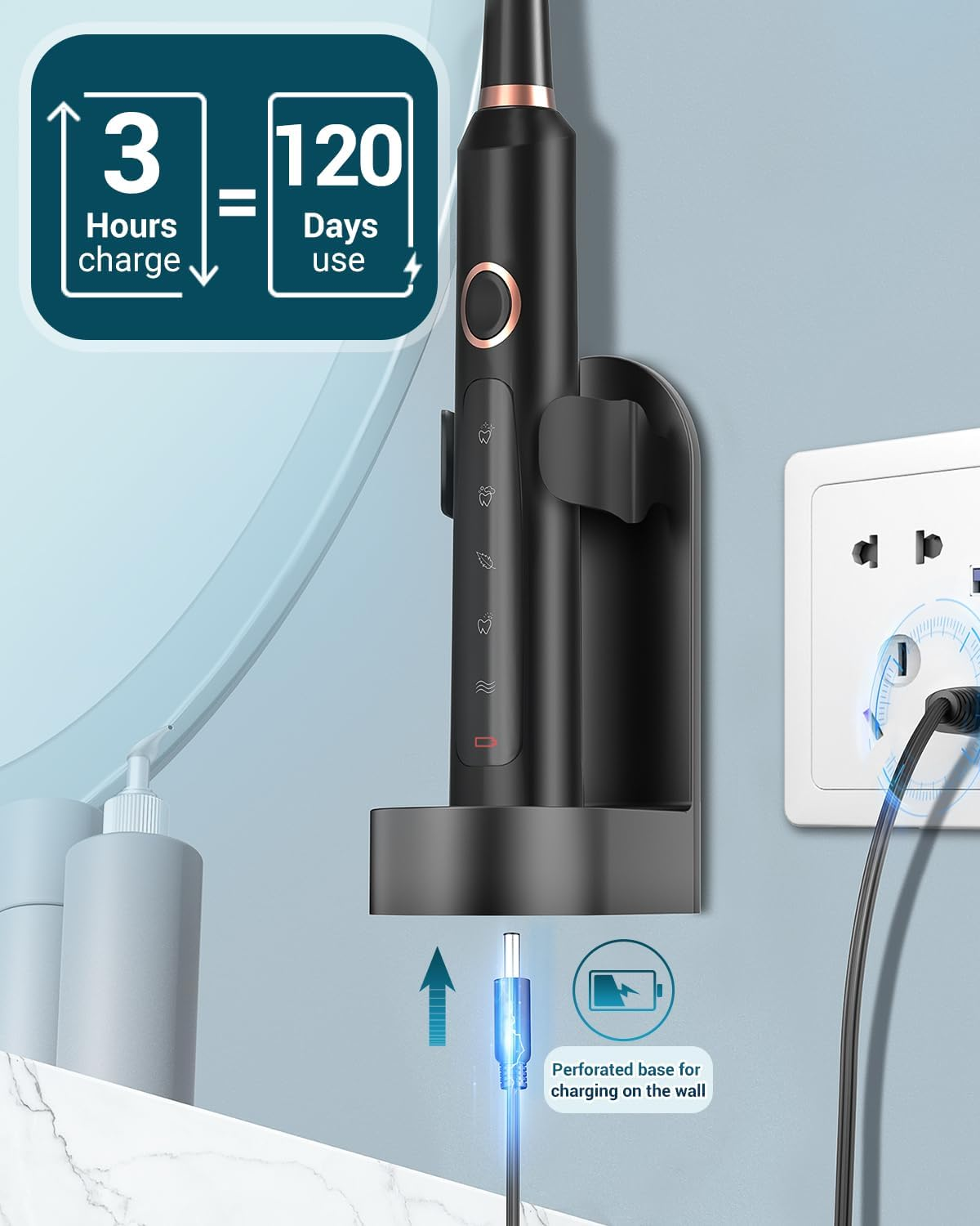 Sonic Electric Toothbrush for Adults - Rechargeable Electric Toothbrush with 8 Brush Heads & Travel Case,Teeth Whitening , Power Electric Toothbrush with Holder, 3Hours Charge for 120 Days - Black image number 4