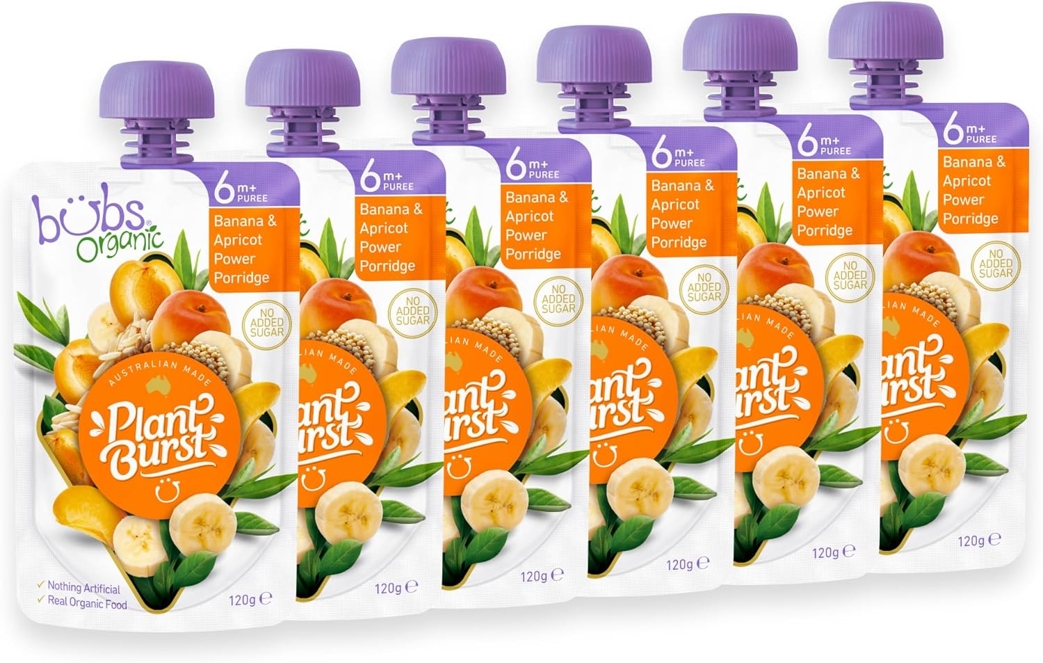 Bubs Organic Banana & Apricot Power Porridge Pouch, 6+ Months Baby Food, Fruit Puree Snack, No Added Sugar, 120G (Pack of 6 Pouches)