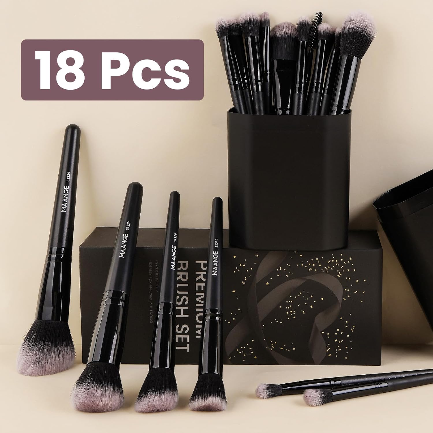 MAANGE Makeup Brushes Set 18 Pcs Premium Synthetic Makeup Brush Powder Blending Foundation Concealers Eye Shadows Blush Brushes Kit Travel Makeup Brushes (Black) image number 4