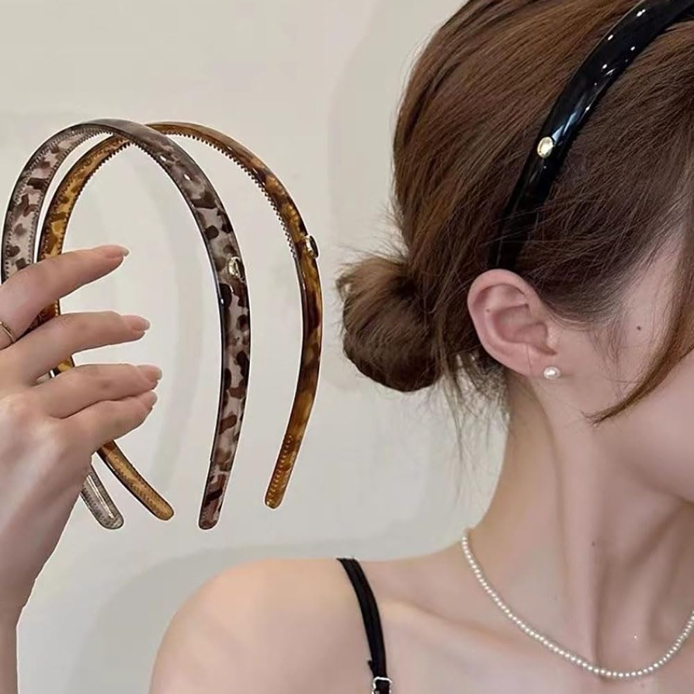 FQYN 3Pcs Retro Leopard Print Headbands Set, Fashion Acetate Hair Bands Black Head Bands Non-Slip Tortoise Headband with Teeth, Tortoise Shell Headband Hair Style Accessories for Women and Girls image number 6