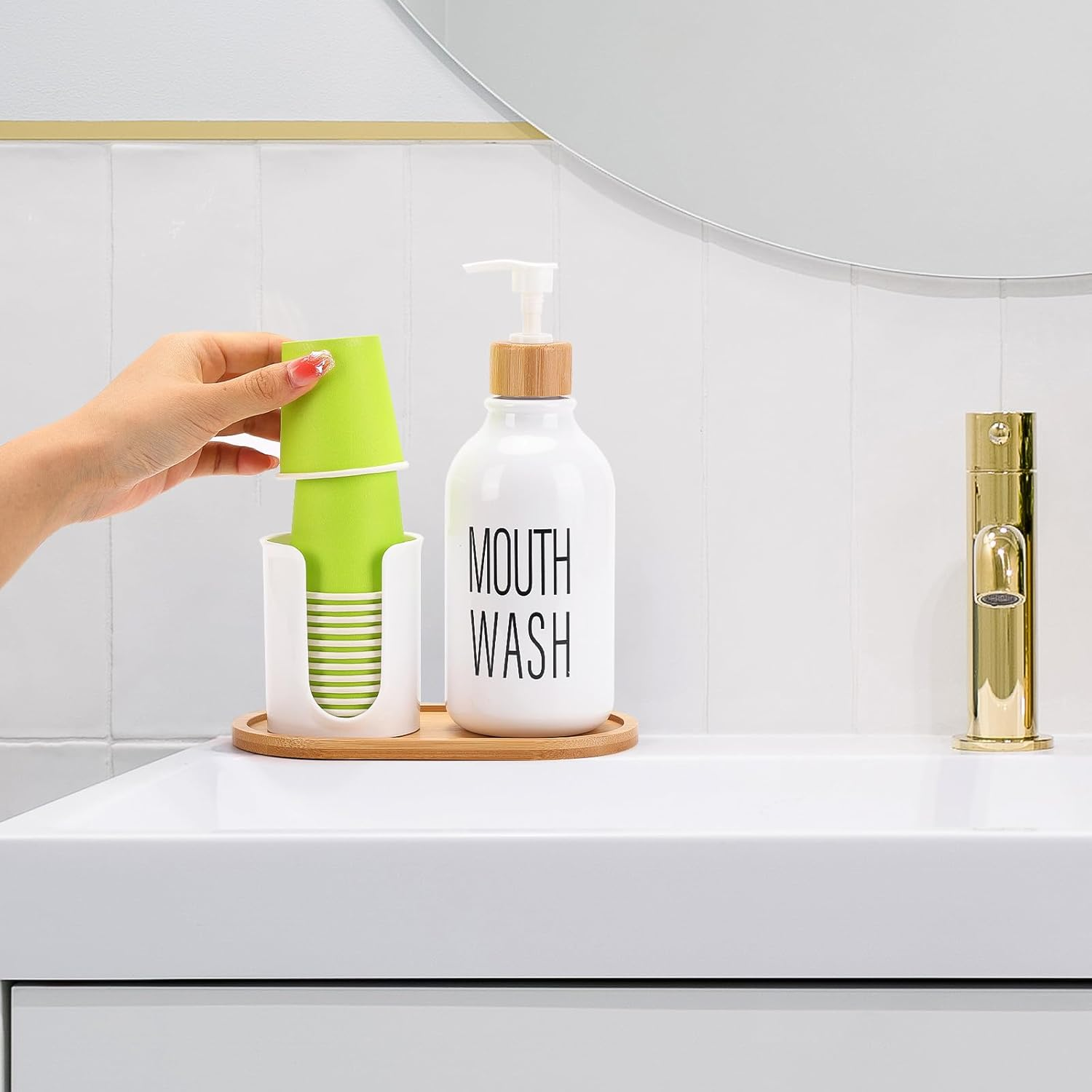 Mouthwash Dispenser with Cup Holder, Plastic White Mouth Wash Pump Bottle with Tray for Bathroom Organizers, 17Oz Refillable Clear Mouthwash Container image number 3