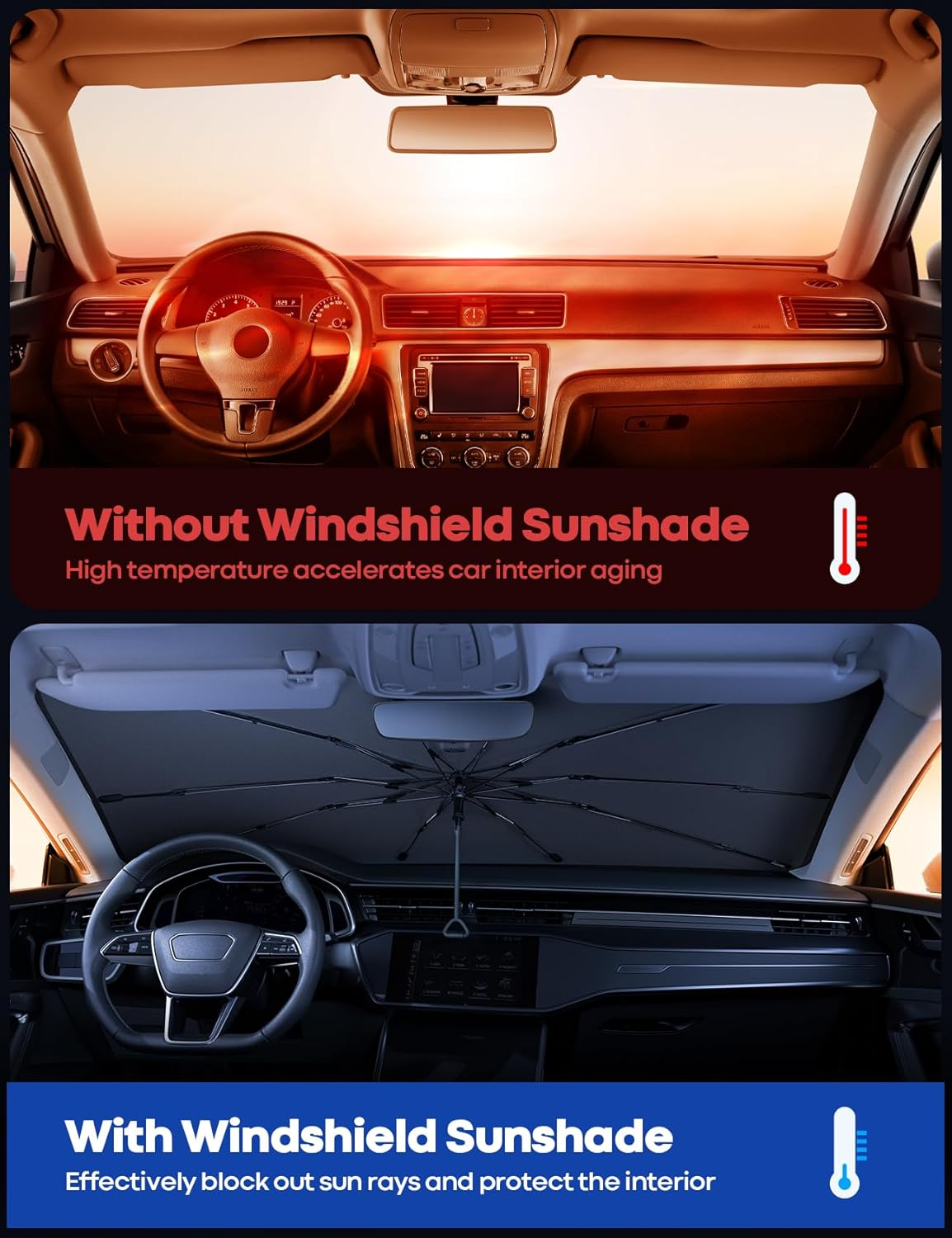 Lamicall Car Windshield Sunshade Umbrella &ndash; 5-Layer UV Block, 10-Rib Fiberglass Frame for Heat Insulation, 145X85Cm Front Window Interior Sun Protection, for Medium Sedan, SUV Windshield image number 2