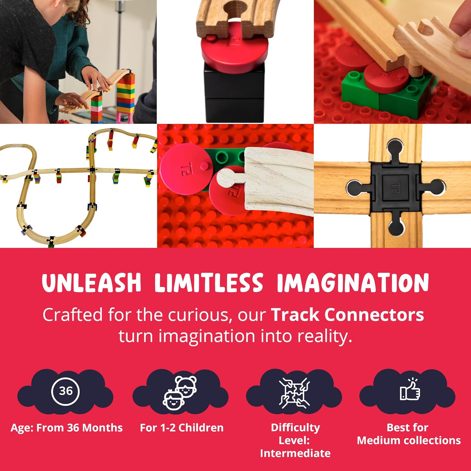 TOY2 Allround Medium Set Compatible Brio Railway &  Duplo Building Blocks Building Set 6 Different Track Connectors Sustainable Wooden Railway Wooden Rail Connectors, All-Round Set 20 Rail image number 2