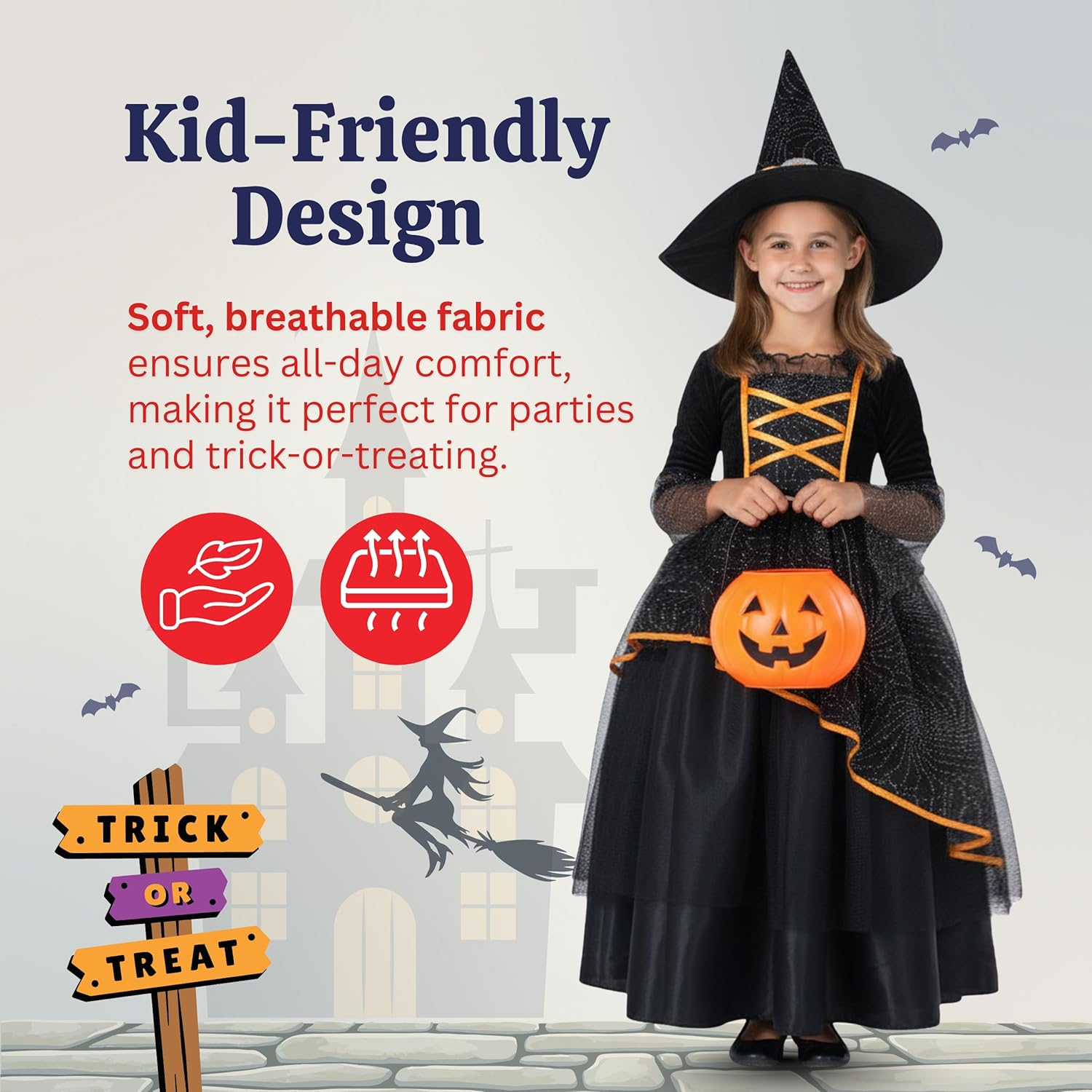 Dress up America Little Girl Black and Orange Witch Costume image number 5