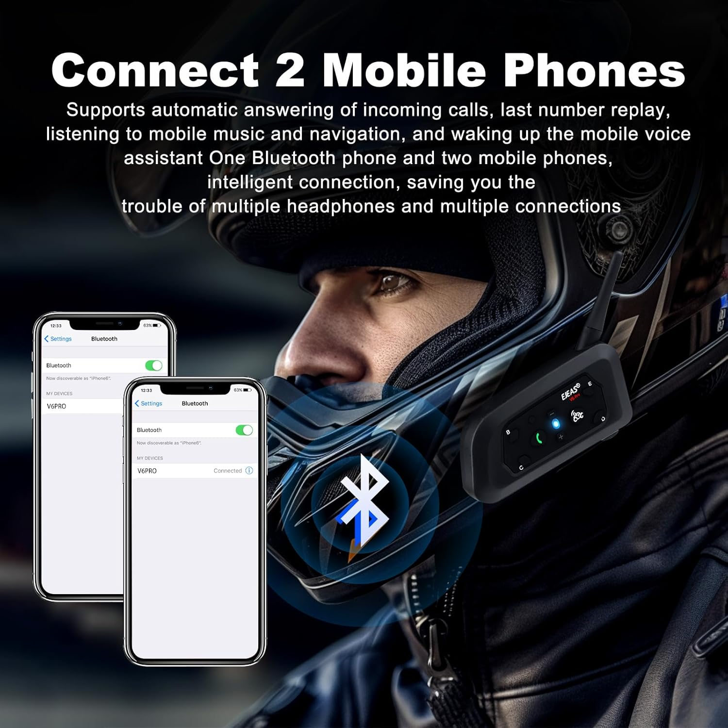 EJEAS V6 Pro Motorcycle Bluetooth Headset, 2 Riders Intercom Bluetooth 5.1 Helmet Communication System with Hands-Free Call and Noise Reduction for Motorcycling Skiing and Climbing (2 Pack) image number 4