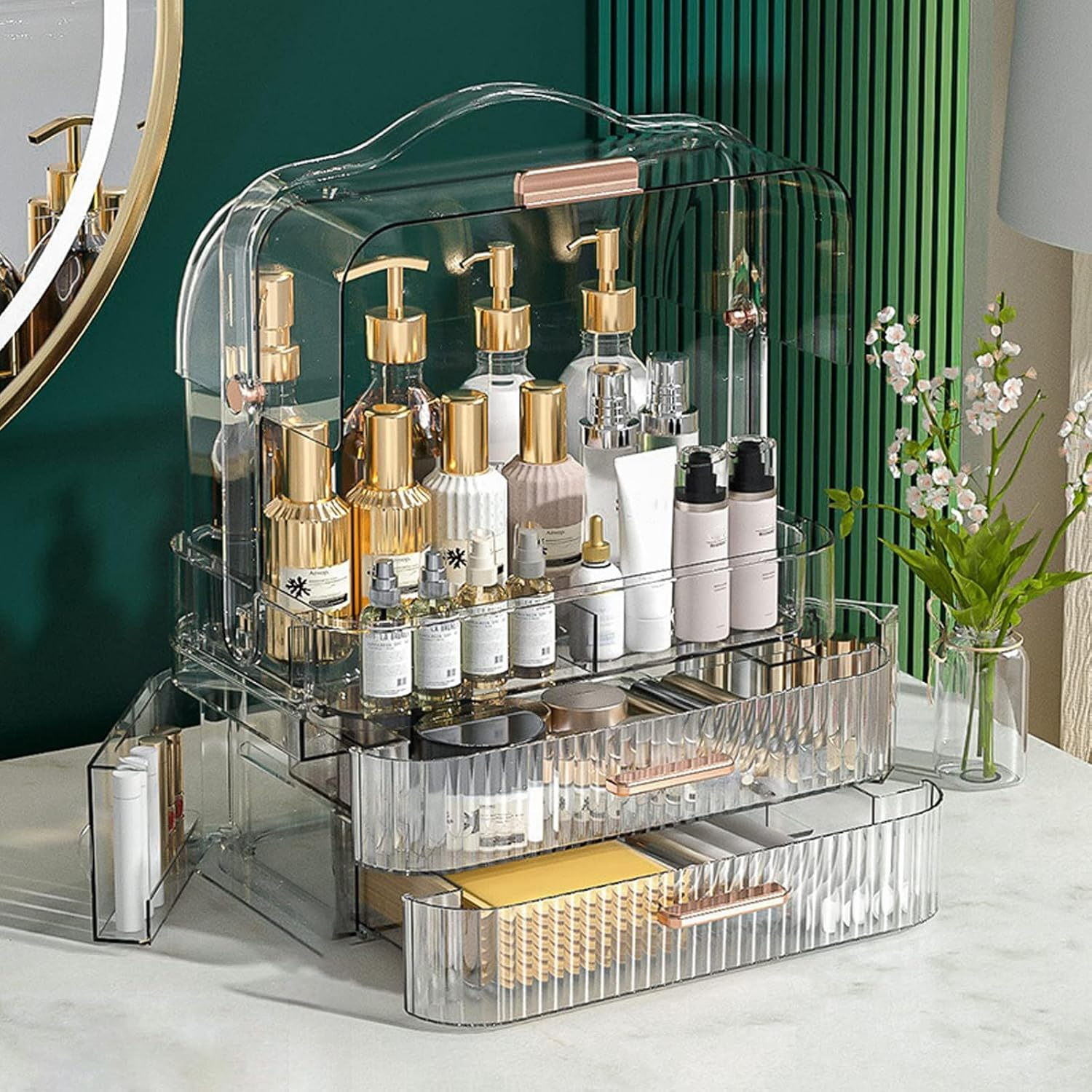 Makeup Organizer, Cosmetics Organizer Box with Double-Layer Drawers, Double-Sided Flap Design, Cosmetics Storage Display Case for Countertop, Dresser, Bedroom, Bathroom image number 4