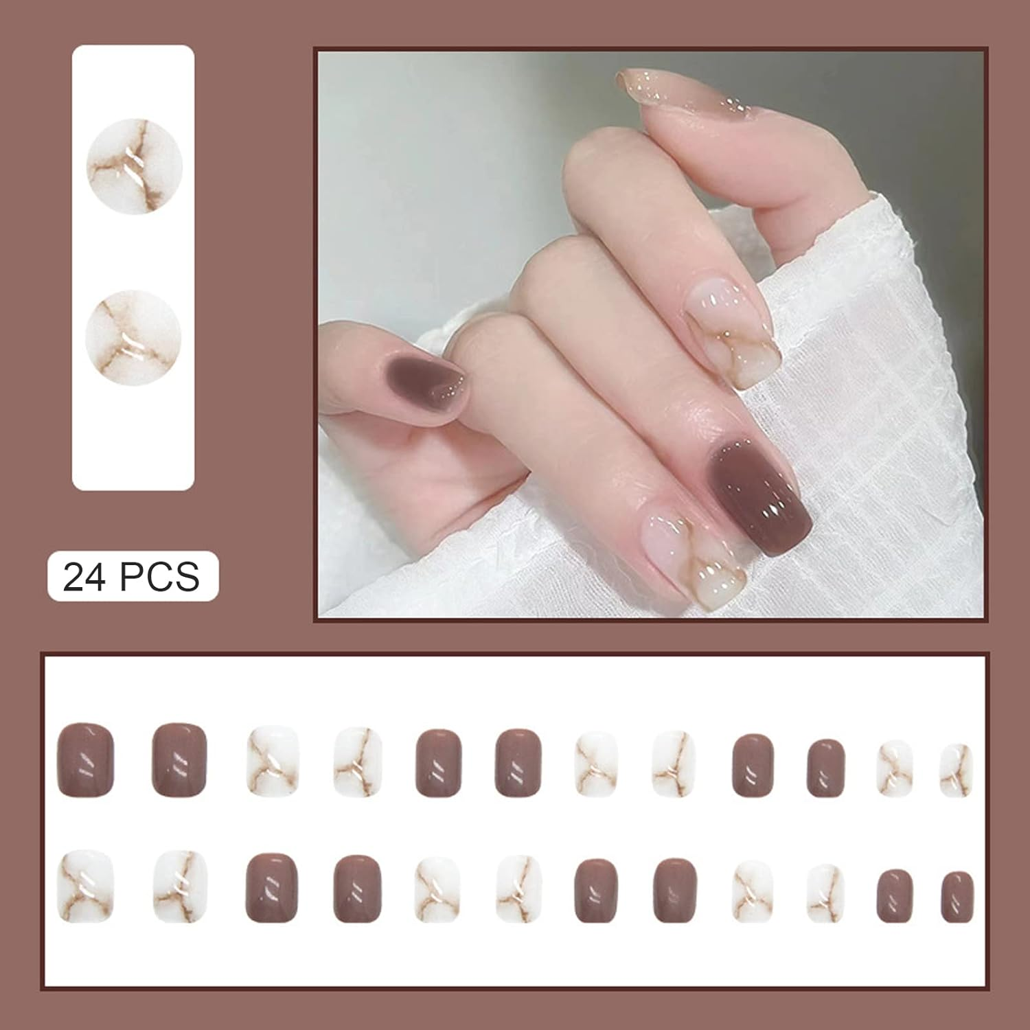 24 PCS Marbled Halo Press on Nails Short Fake Nails Brown & White False Nails Wearable Fake Nails Glossy Fake Nails Gifts for Women and Girls image number 1