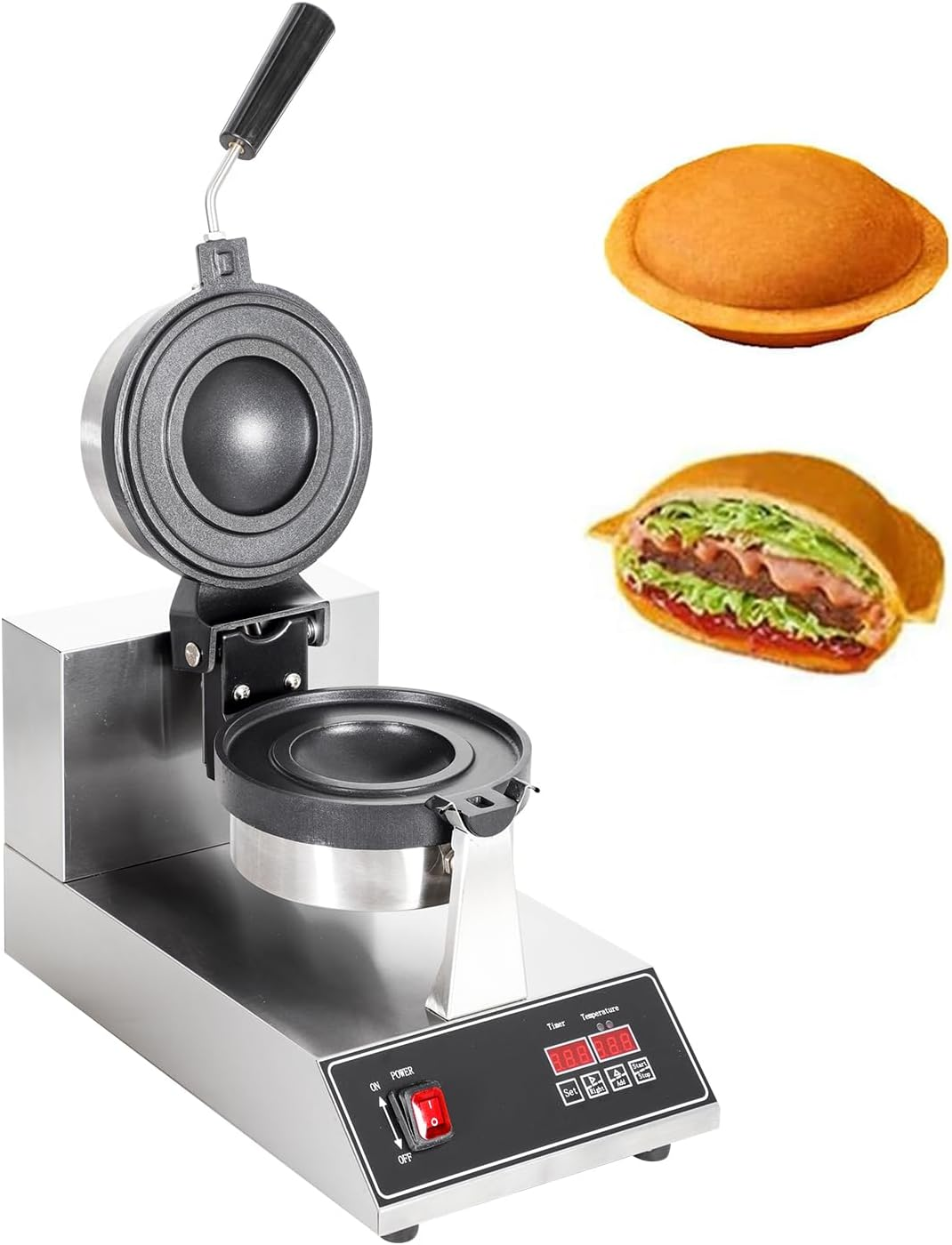 Zertylre Burger Waffle Maker, Non Stick Electric Panini Press Machine, Electric Heating Single Head Ice Cream Burger Machine, Double-Sided Heating, 50-300℃, 5 Minutes Timer (A Style)