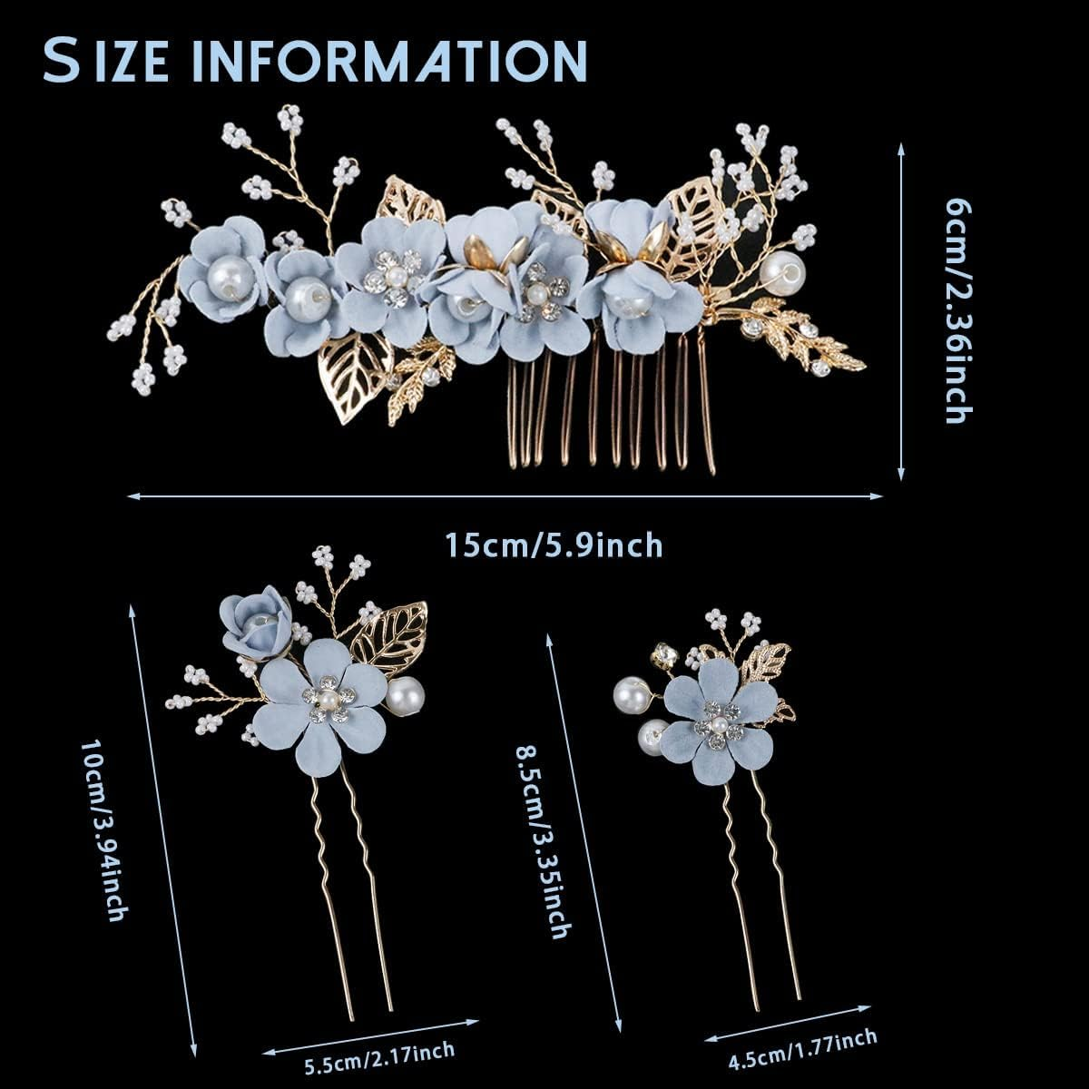 4 Pieces Bridal Flower Wedding Hair Comb Rhinestones Crystal Floral Hair Pins Hair Clips Wedding Hair Accessories Hair Jewelry for Brides Bridesmaids Women Girls(Blue)