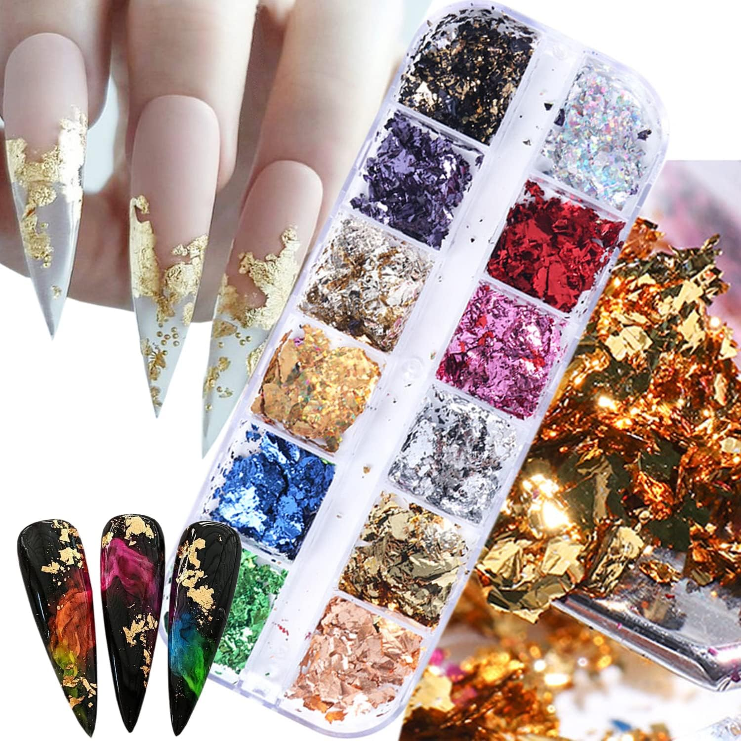 Holographic Nail Glitter Foils, 12 Colors Sparkly Ultra-Thin Aluminum Foil Nail Art Flakes Design, Laser Nail Sequins Acrylic Supplies for Women Girls Manicure Charms Decorations, DIY 3D Nail Art Tips image number 3