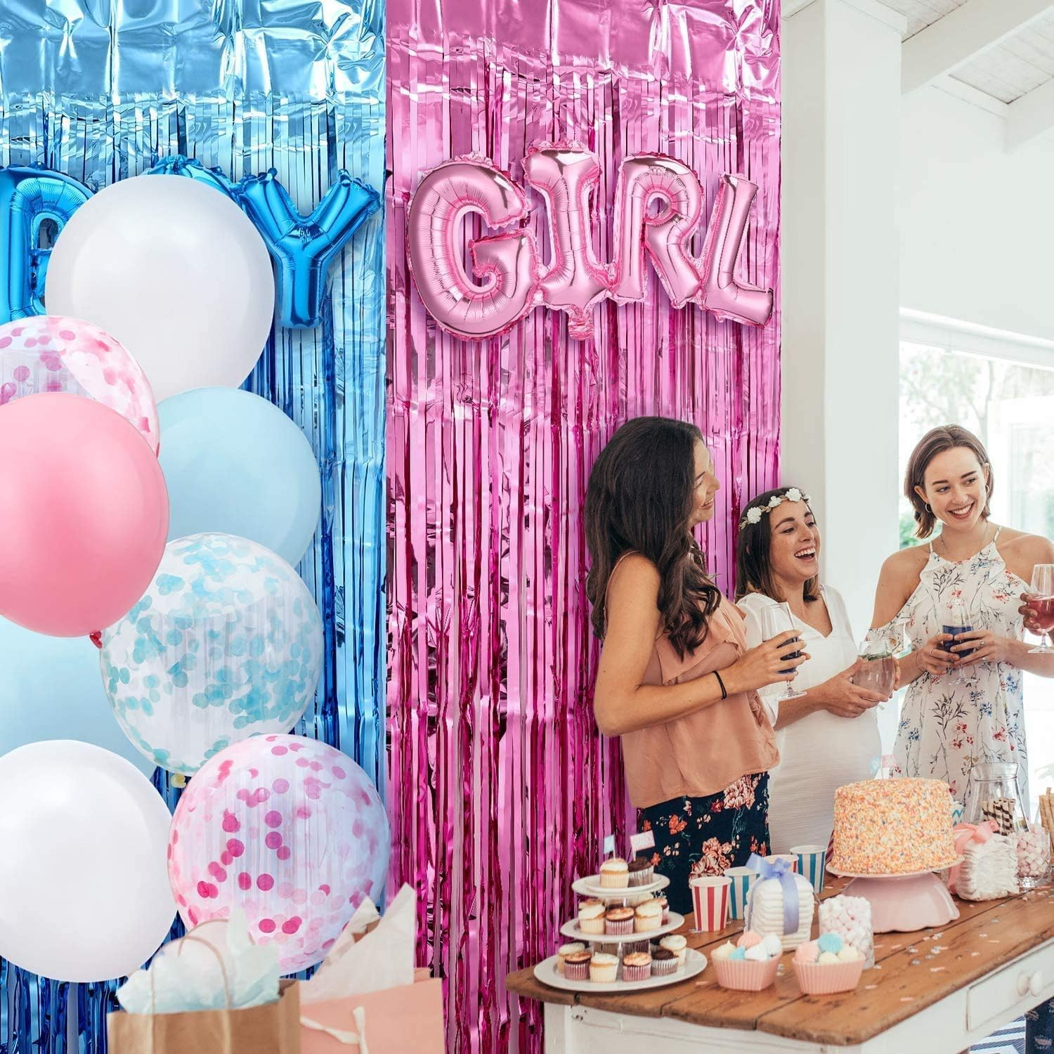 Gender Reveal Party Decor, Boy or Girl Foil Balloons, Boy or Girl Gender Reveal Balloons Garland with Pink and Blue Metallic Foil Fringe Streamer Curtains(With Adhesive Tape) image number 5