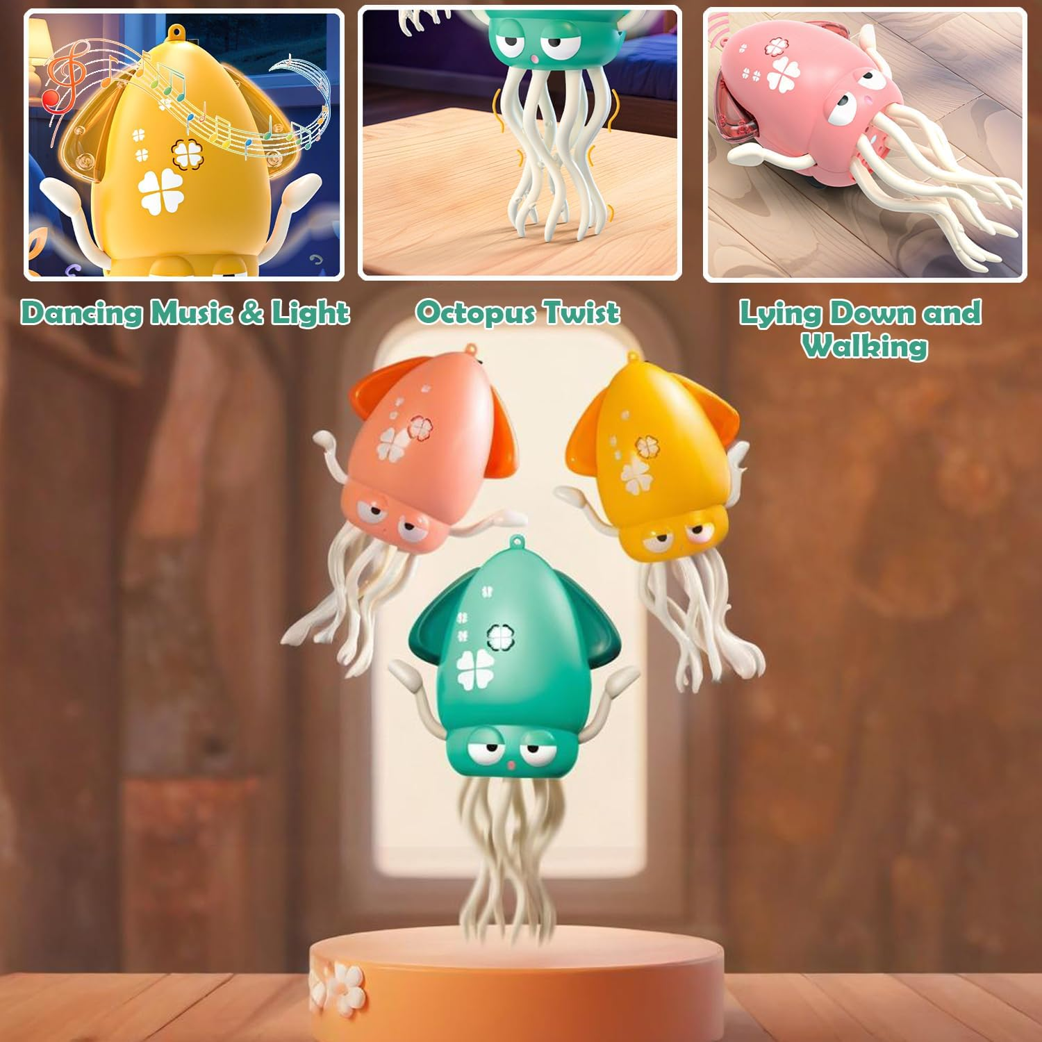Electric Dancing Octopus Toy, Automatic Swing Magic Obstacle Avoidanceoctopus, Crawling Dancing Automatic Obstacle Avoidance Octopus Sensor Toy with LED & Music (Green) - Yellow image number 6