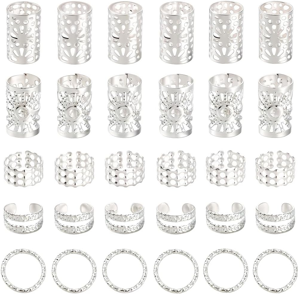 SUNNYCLUE Pack of 200 5 Styles Dreadlocks Beads Metal Cuffs Hair Braid Beads Silver Dreadlocks Braid Ring Coil Clips Adjustable Non-Penetrating Ear Cuffs round Tube Jewellery for Hair Braids Z image number 3