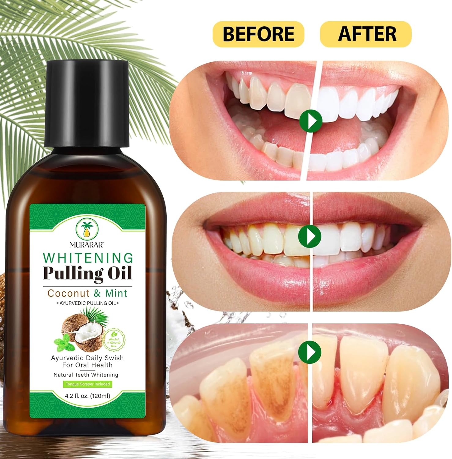 Pulling Oil Mouthwash for Natural Teeth Whitening, Coconut & Mint Pulling Oil, Daily Swish for Oral Health, Fresh Breath, Tongue Scraper Included, Alcohol & Fluoride Free, 4.2 Fl. 0Z. (120Ml) image number 4