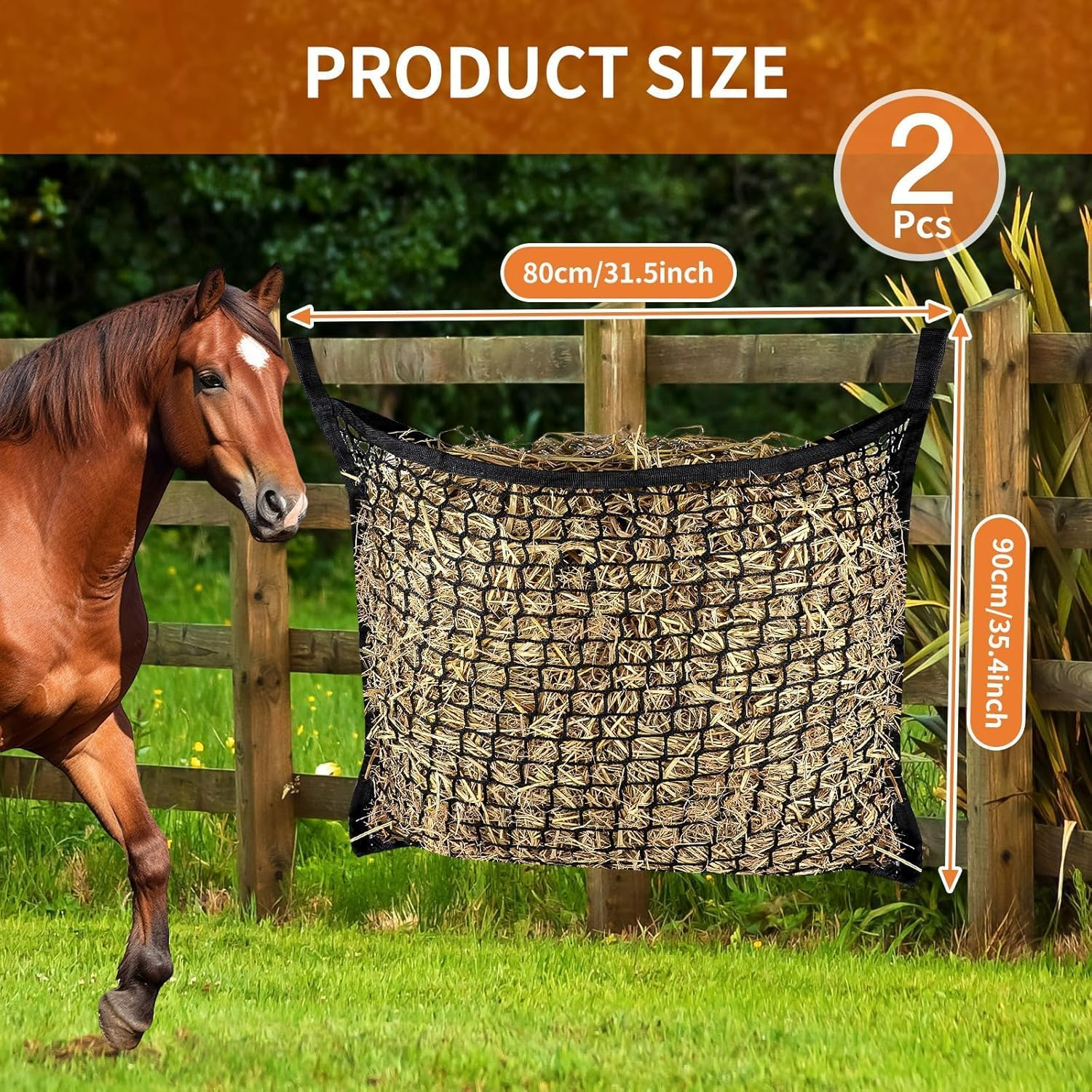 Hay Nets for Horses，2 Pieces of Knotless Slow Feeding Hay Nets with 4 Horse Hook Clips, Large Capacity Open Top Hanging Hay Bags for Horses(Black, 2PC) image number 6
