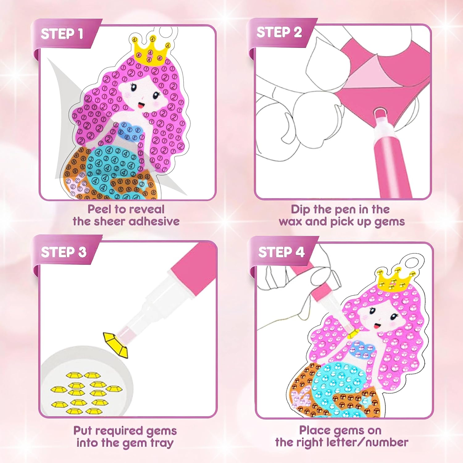 5D Gem Diamond Art Kit for Kids, Make Your Own Gem Art Keychains by Number, Cartoon Diamond Art Easy Kits, DIY Crafts Birthday Gifts Thanksgiving Christmas for Girls Boys Ages 6-8-12 (Mermaids) image number 4