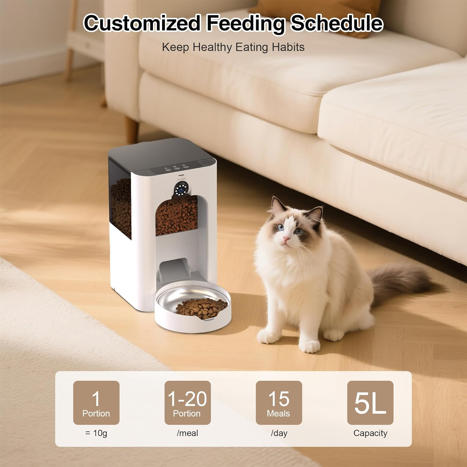 Advwin 5L Automatic Feeder with Camera for Cat & Dog, 5G Wifi Pet Smart Food Dispenser with Laser Teaser, Night Vision, 1080P HD Video, 15S Voice Recorder, Low Food & Motion/Sound Alerts image number 2
