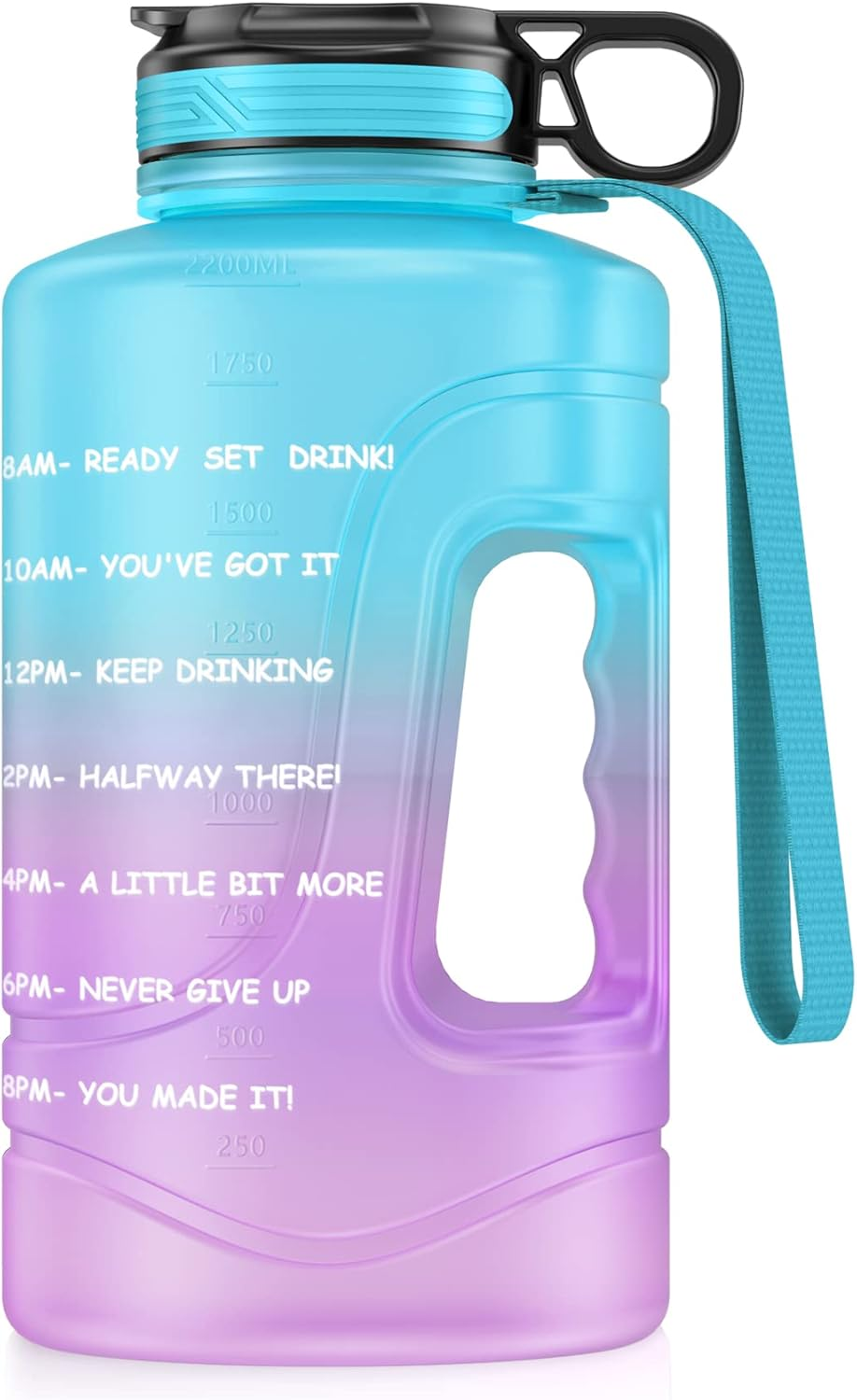 AF-WAN Motivational Water Bottle with Time Markings & Straw, 2.2 Litre Half Gallon Large Sports Water Jug with Handle, BPA Free Leakproof Water Bottles for Fitness, Gym and Outdoor Sports (Blue)
