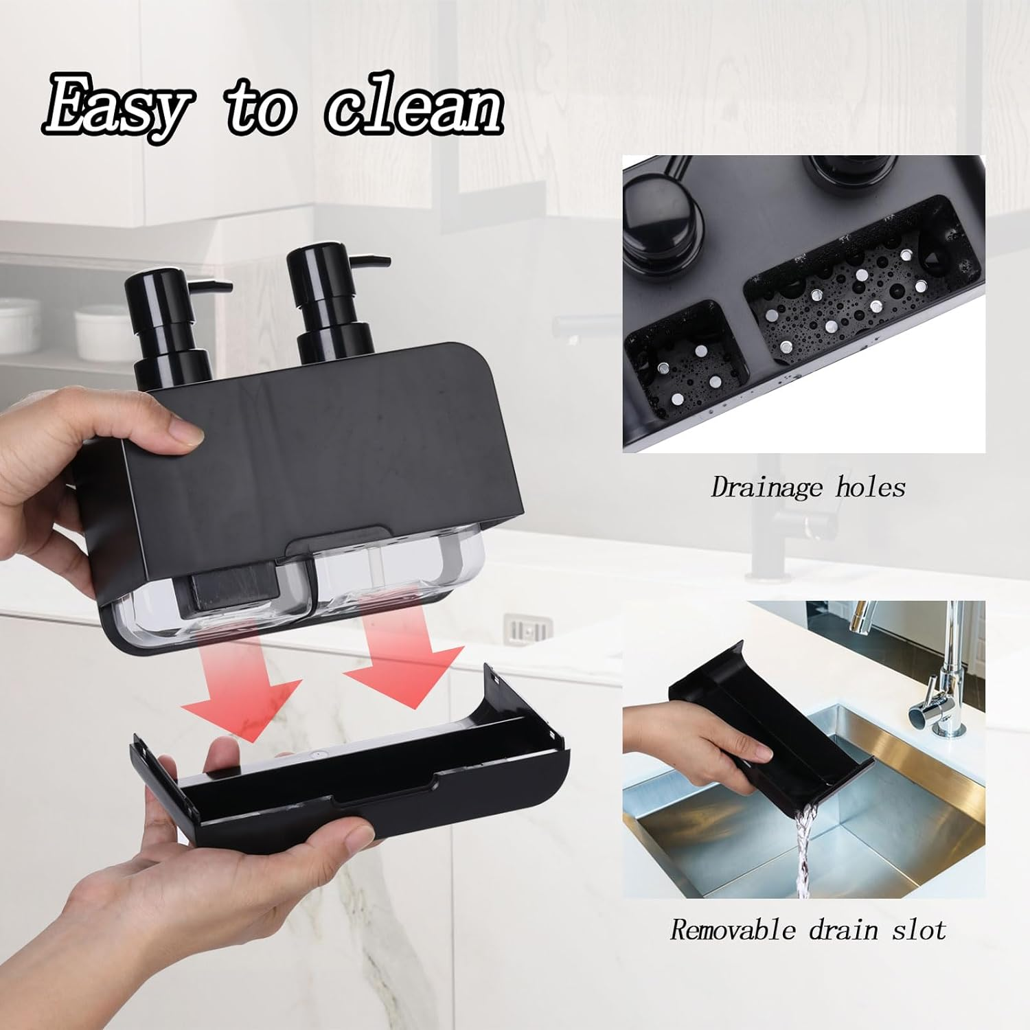 Dish Soap Dispenser for Kitchen Countertop with Sponge Caddy and Brush Holder - Refillable Non-Slip Dual Pump 4-In-1 Dispenser Soap Dispenser for Kitchen Sink, Essential Kitchen Gadgets &ndash; Black image number 6